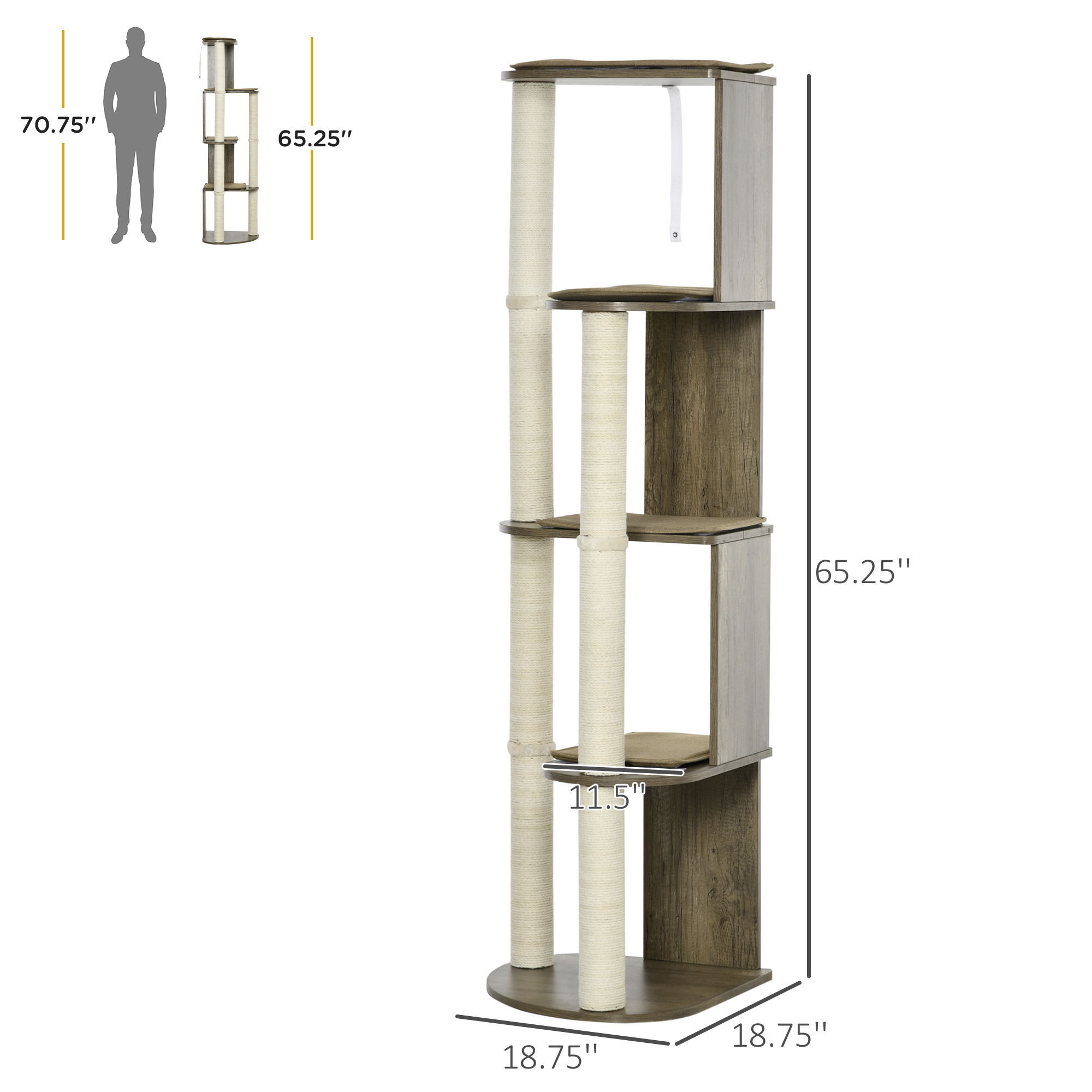 Árbol para Gatos de Esquina Moderno y Alto de 65" para Trepar, Torre Multinivel Grande con Postes Rascadores, Torre Compacta para Gatitos con Sisal, Blanco Crema — imagen 4