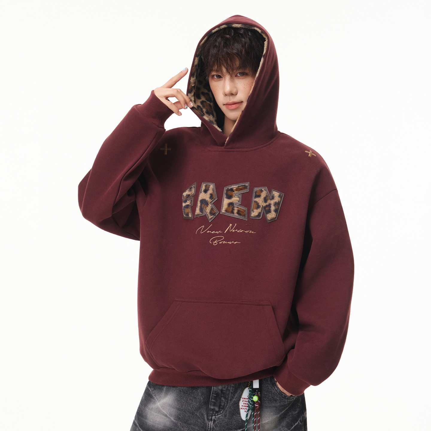 Heavyweight Texture Leopard Applique Hoodie for Men, Autumn Patchwork Casual Trendy Hooded Sweatshirt — image 3