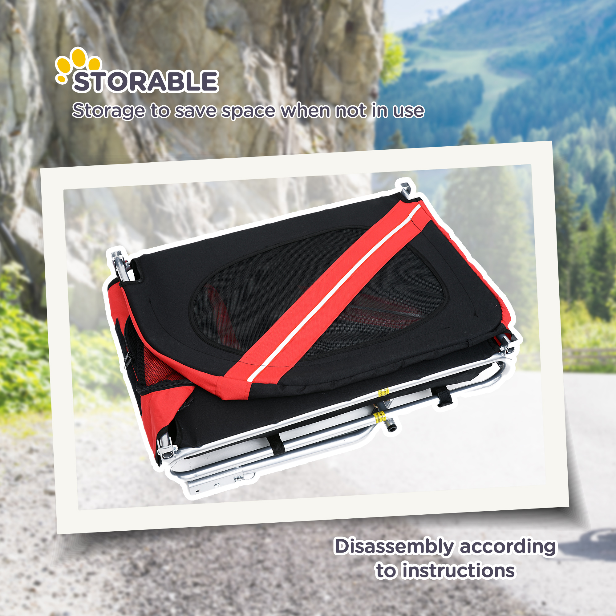 Dog Bike Trailer, Pet Wagon Bicycle Trailer With Easy Folding Cart Frame, 20" Large Rubber Wheels, 3 Entrances, Mesh Screen, Pet Bike Trailer For Off-Road & Travel, Red And Black — imagen 4
