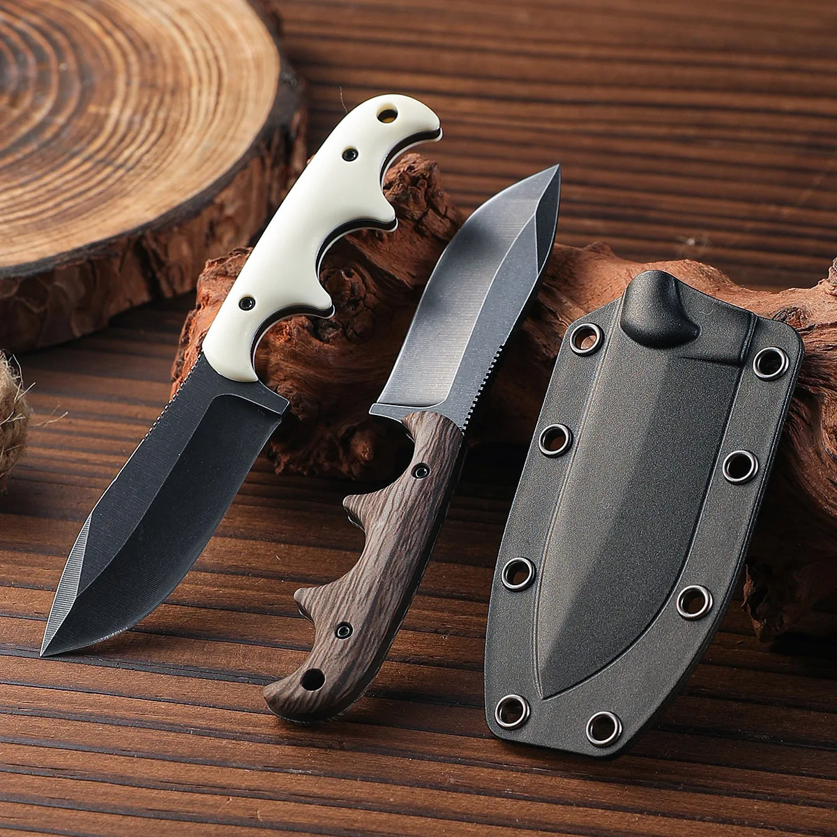 New outdoor small straight knife, stone washed blade camping edc survival knife, white/wood grain handle + k sheath tool — image 1