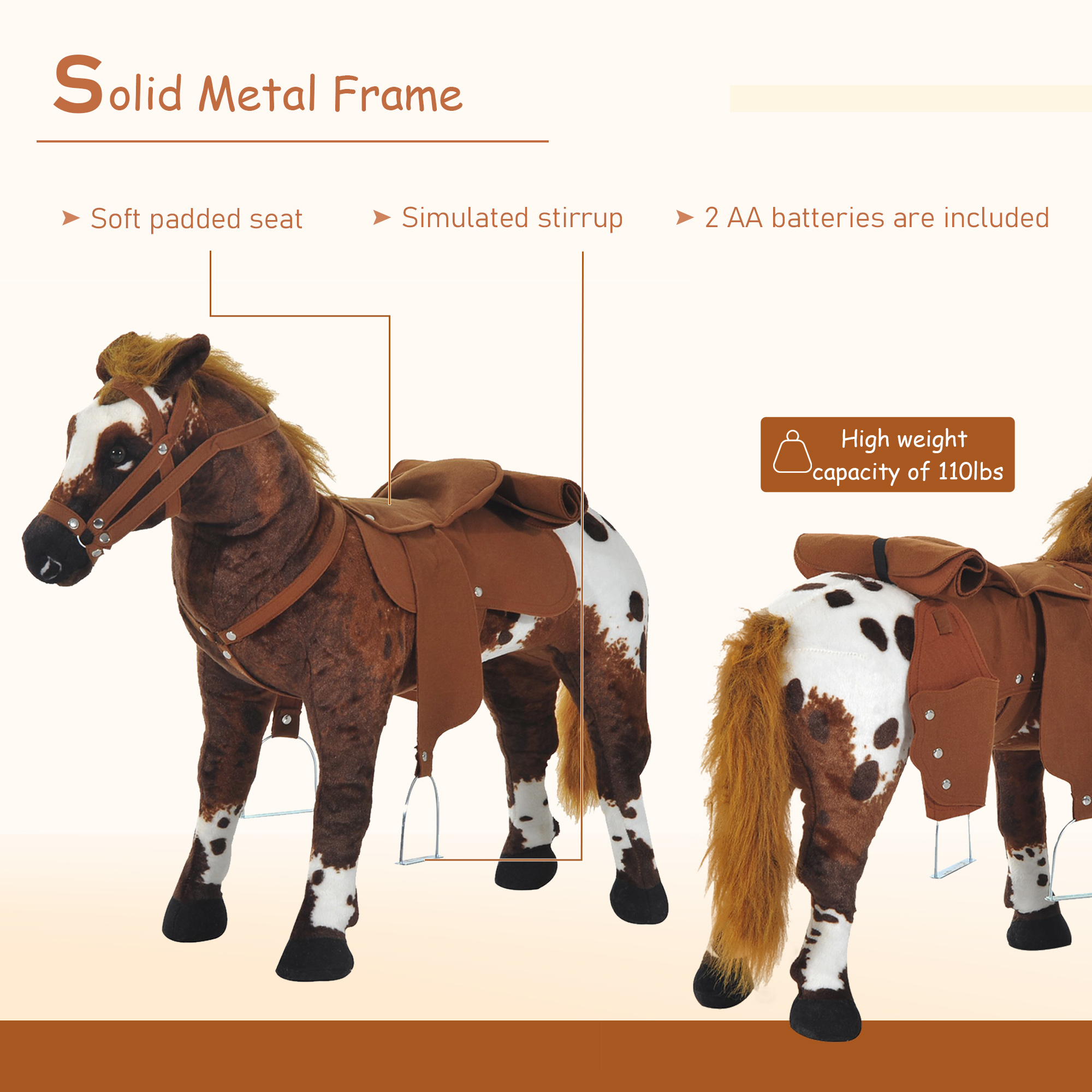 Sound-Making Ride On Horse for Toddlers 3-5, with Neighing and Galloping Sound, Stuffed Animal Horse Toy for Kids with Padding, Soft Feel, Brown — image 6