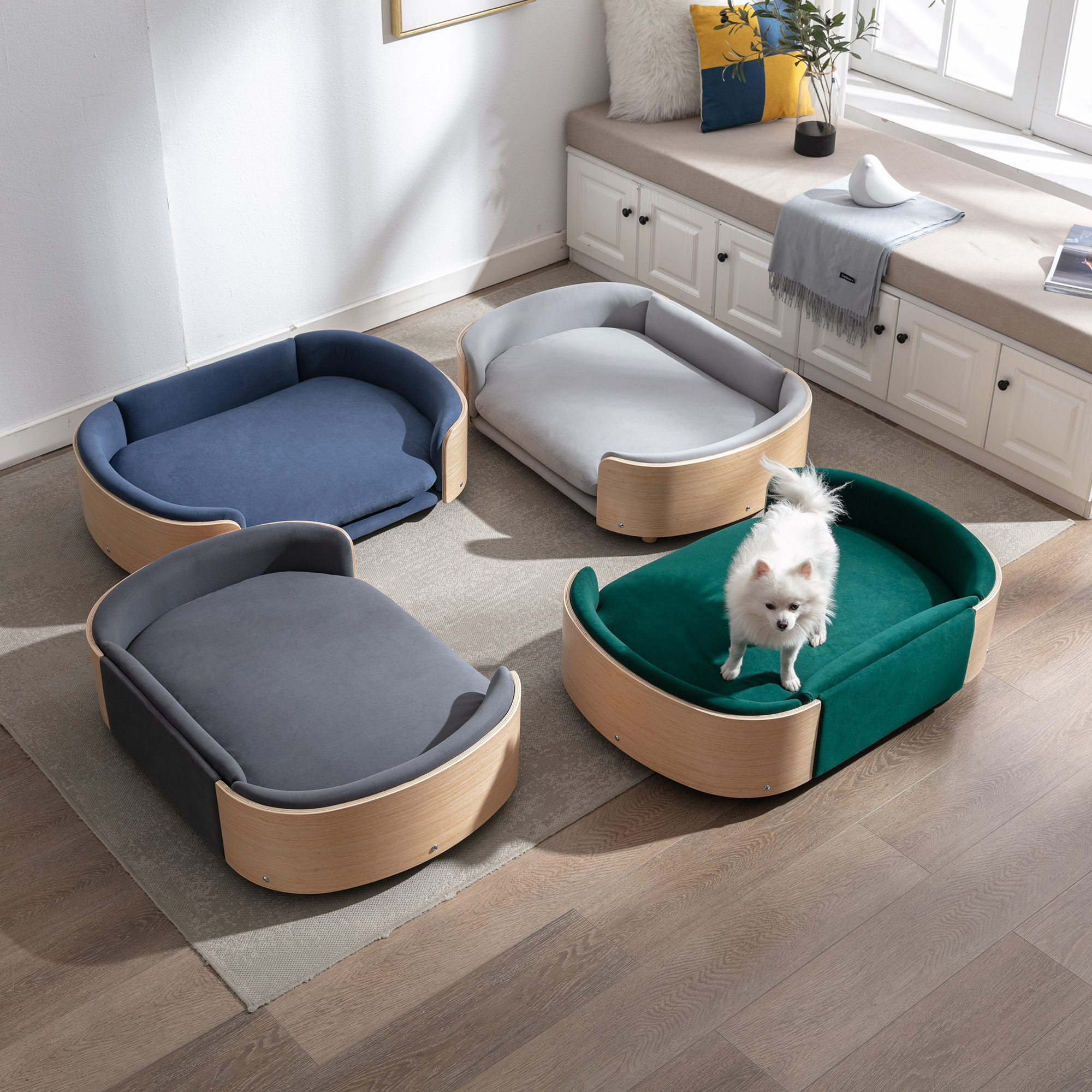 Scandinavian style Elevated Dog Bed Pet Sofa With Solid Wood legs and Bent Wood Back, Velvet Cushion, Large Size — image 14