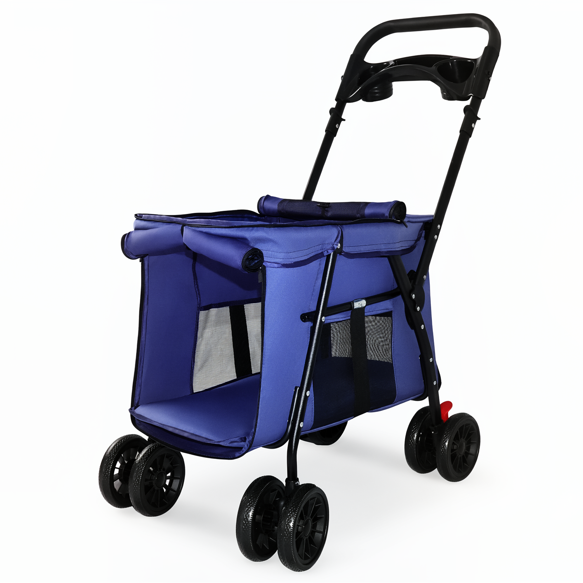 Pet Stroller, Foldable 4-Wheel Design, Breathable Mesh Dog Cat Stroller with Shockproof Wheels, Brake System, Storage Tray, 2 Fixed Safety Leashes, Large Space for Small Medium Pets, Navy Blue — image 6