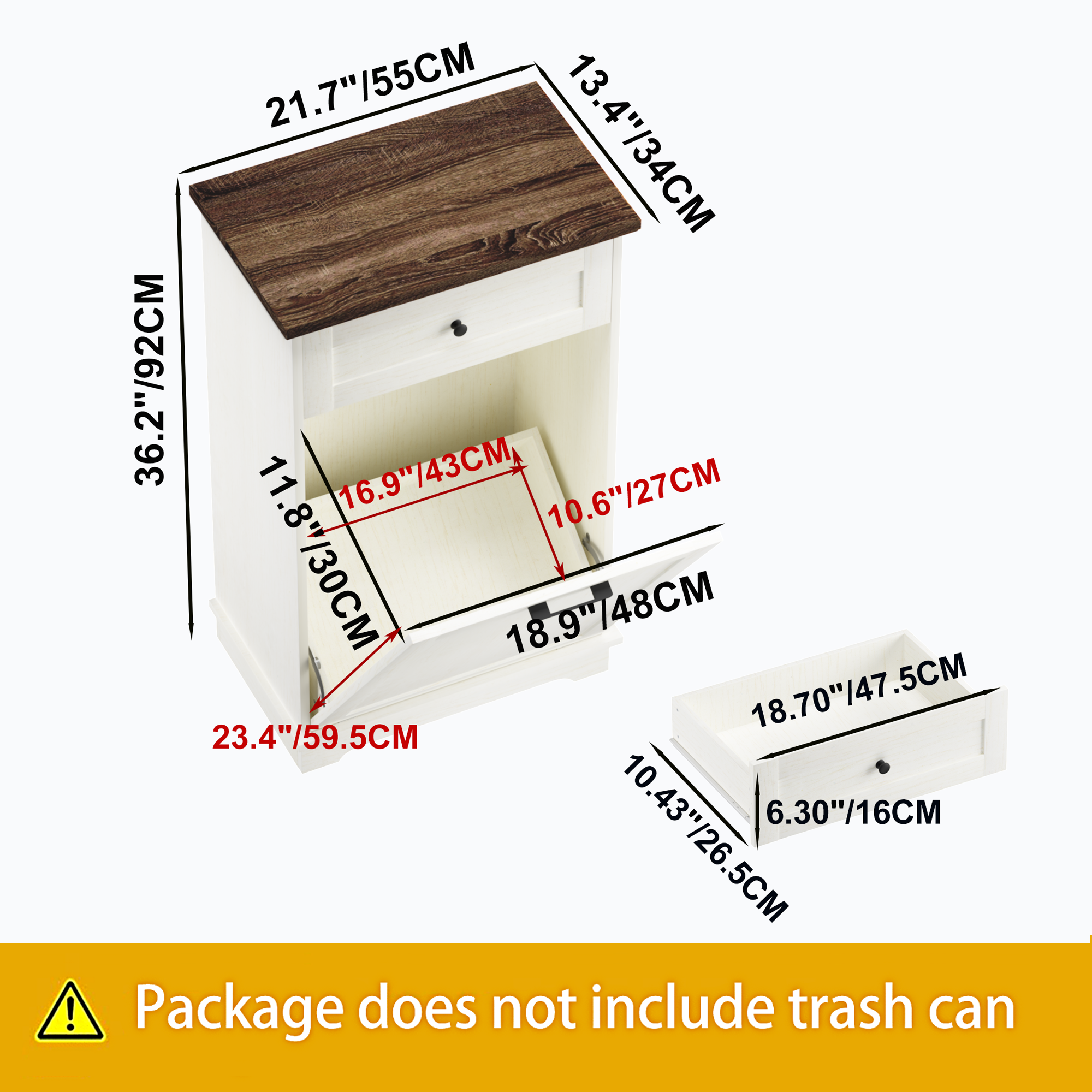 Mueble Basculante para Basurero de 10 Galones, Mueble Independiente para Bote de Basura, Mueble de Madera para Basura y Reciclaje con Cajón, a Prueba de Mascotas, para Cocina y Sala de Estar, Blanco Antiguo (No Incluye el Bote de Basura) — imagen 31
