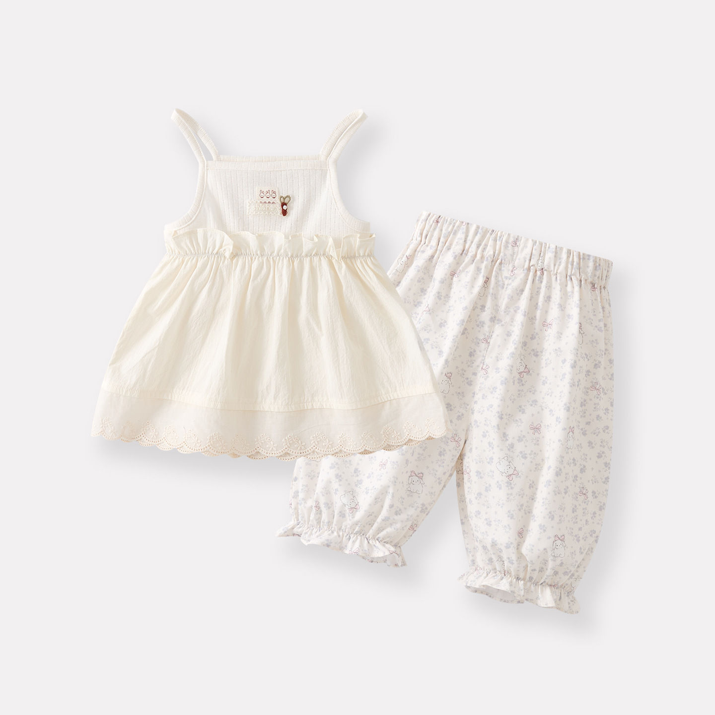 Cartoon Cute Rabbit Lace Strap Girl Baby Floral Breathable Cuffed Pants Two-Piece Set — image 7