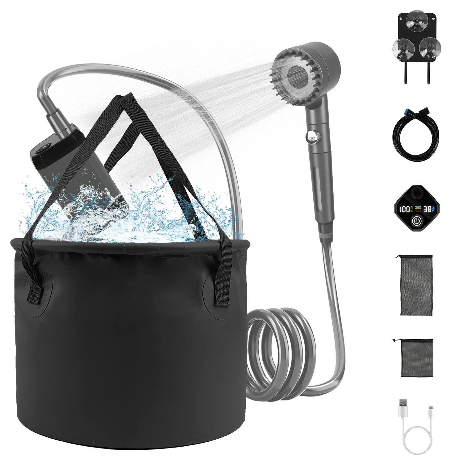 Ducha Portátil para Camping con Accesorios IPX7 Resistente a Agua 6000mAh Recargable Ducha con Cabezal Filtro Capacidad 5.3 Galones Bolsa de Almacenamiento Plegable para Caminatas Playas Viajes y Mascotas — imagen 8