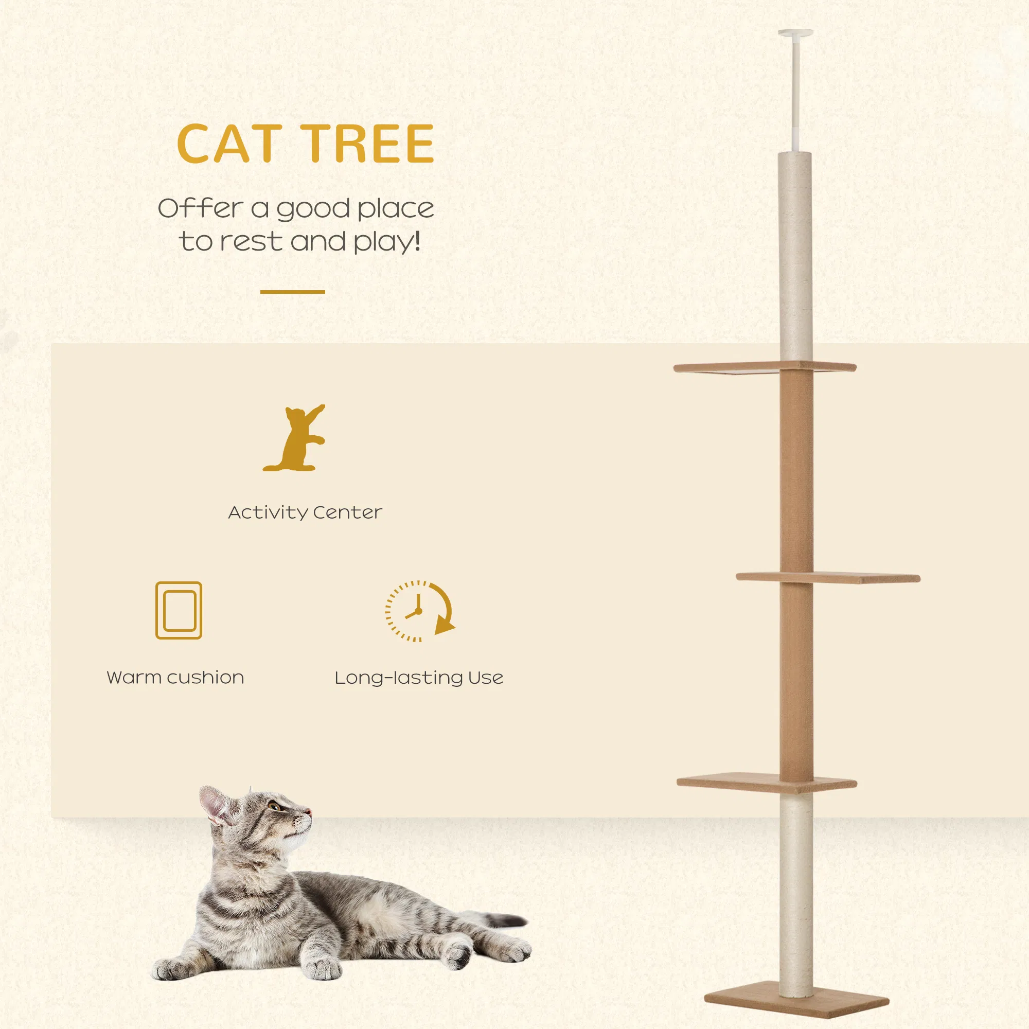 100" Floor To Ceiling Cat Tree w/ 3 Perches Activity Center for Kittens Cat Tower Furniture, Brown — image 2