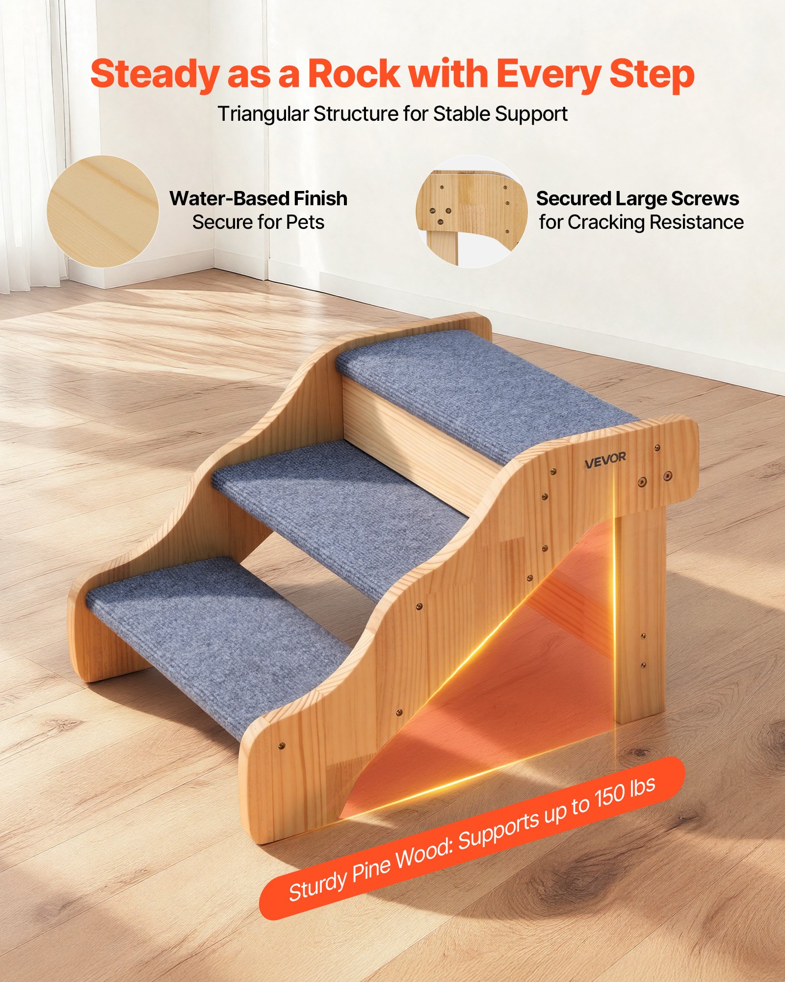 Escaleras de Madera para Mascotas 3 Peldaños, Soporte Seguro para Cama Alta, Sofá y Coches, Capacidad 150lbs, Superficie Antideslizante, Escalera Estable para Gatos y Perros Pequeños Grandes Mayores — imagen 5