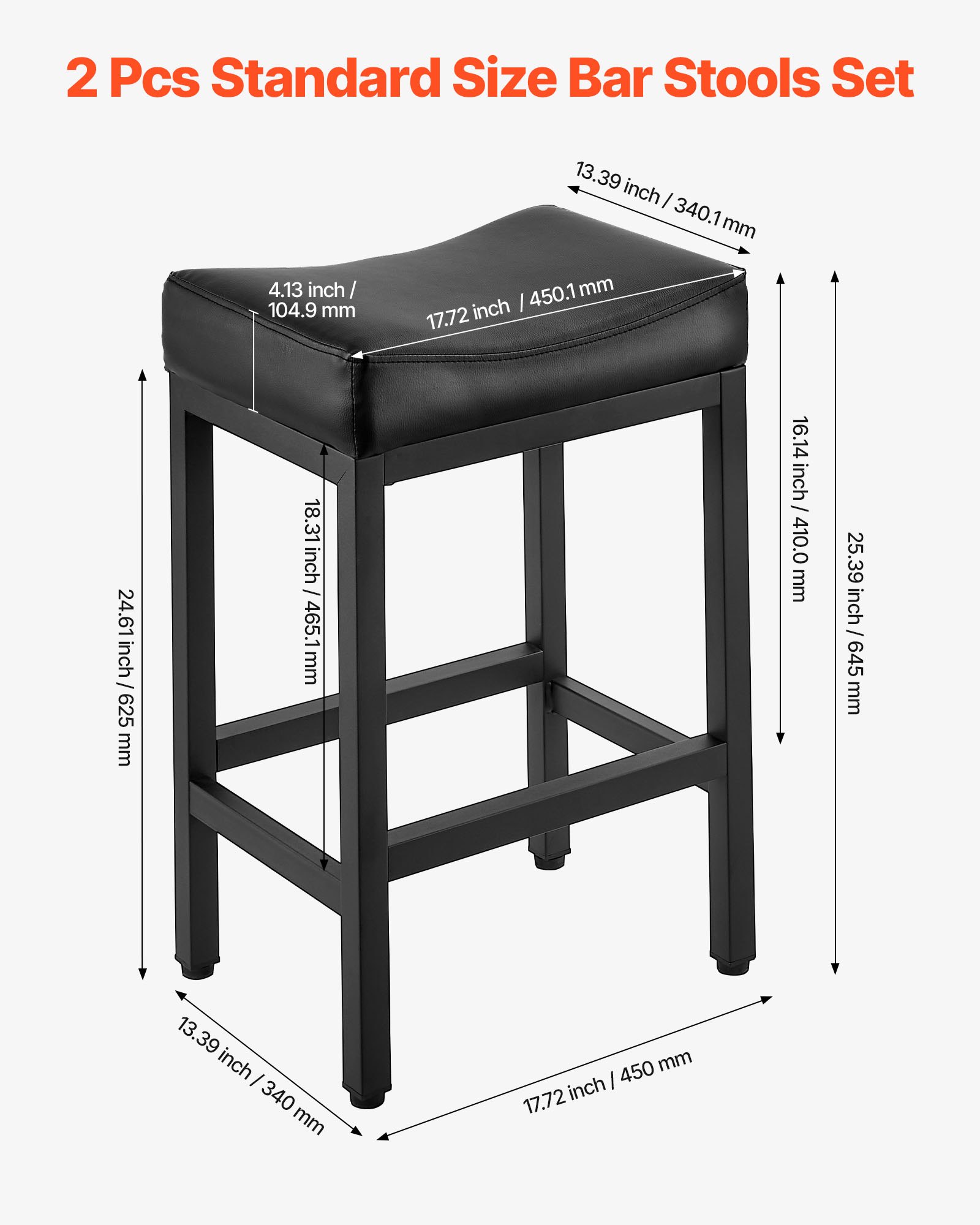 Bar Stool Set Of 2, PU Leather Counter Height Stools, 25 Inch Barstool With Saddle-Seat And Metal Legs, Easy Assembly Backless Bar Chair, Island Barstools For Kitchen, Dining Room, Cafe, Black — image 4