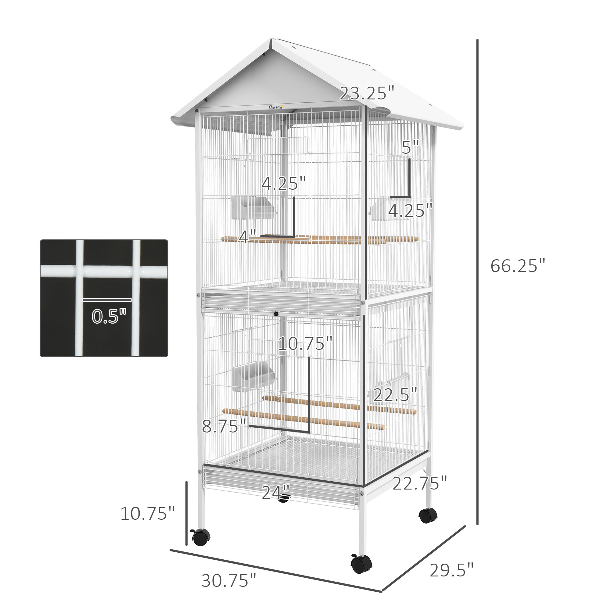 Caja para Pájaros de Metal Forjado con Soporte Rodante, Perchas y Contenedores de Alimento, 67" H, Blanco — imagen 2