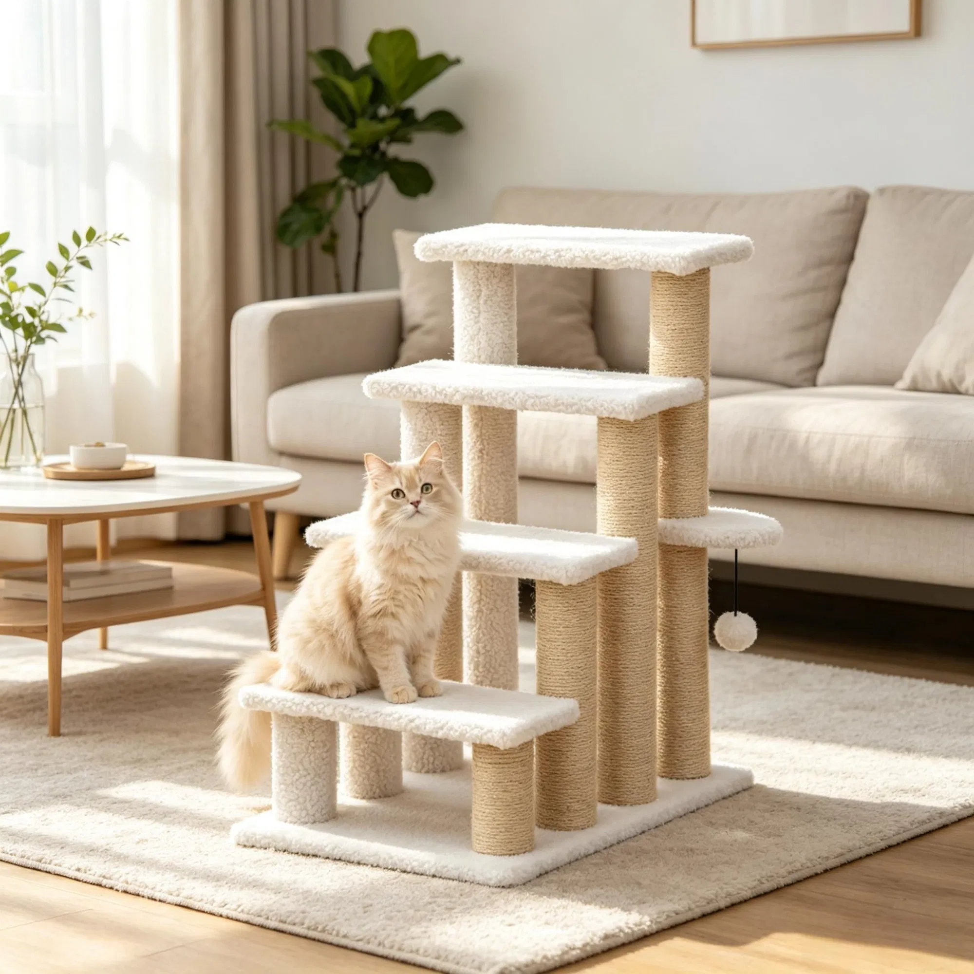 4 Levels Cat Steps with Scratching Posts for High Bed, Sofa, Non-slip Sturdy Pet Climbing Ladder for Indoor Cats, White — image 6