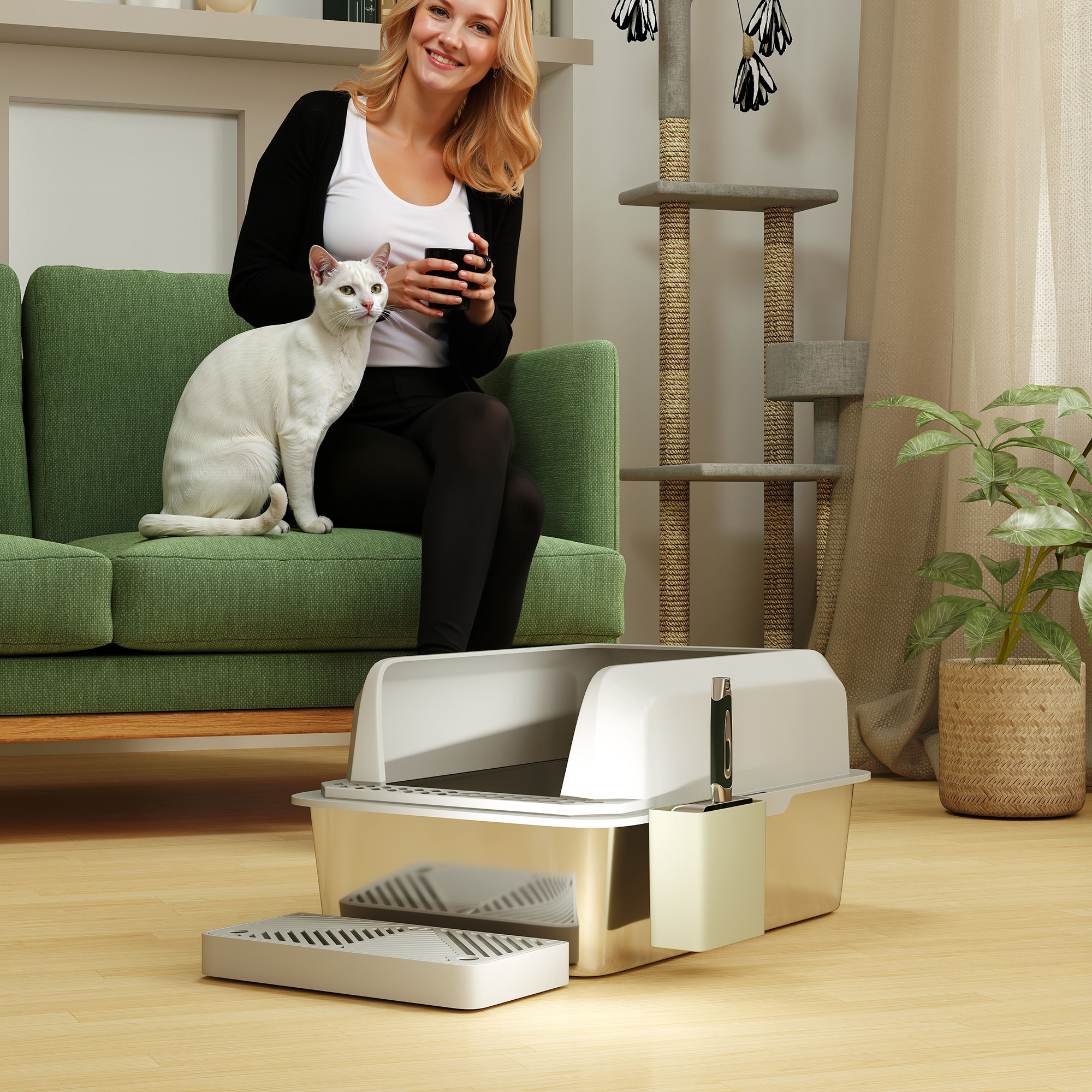Caja de Arena Estilo Acero Inoxidable con Cuchara y Soporte, Altas Pareces, Prevención de Derrames Urinarios, Anti-Resbalón — imagen 6