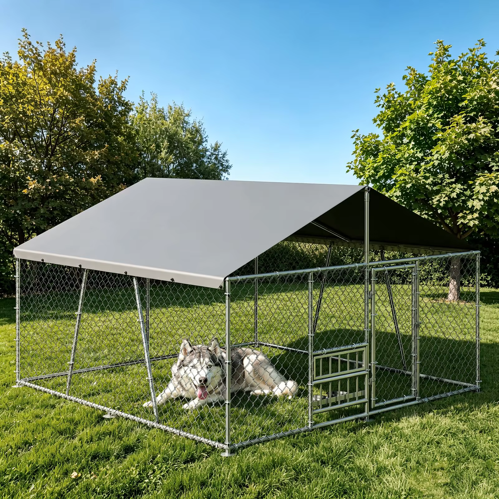 Outside Dog Enclosure With PE Waterproof Roof, 360° Feeding Door, Heavy Duty Lockable Galvanized Kennel — image 1