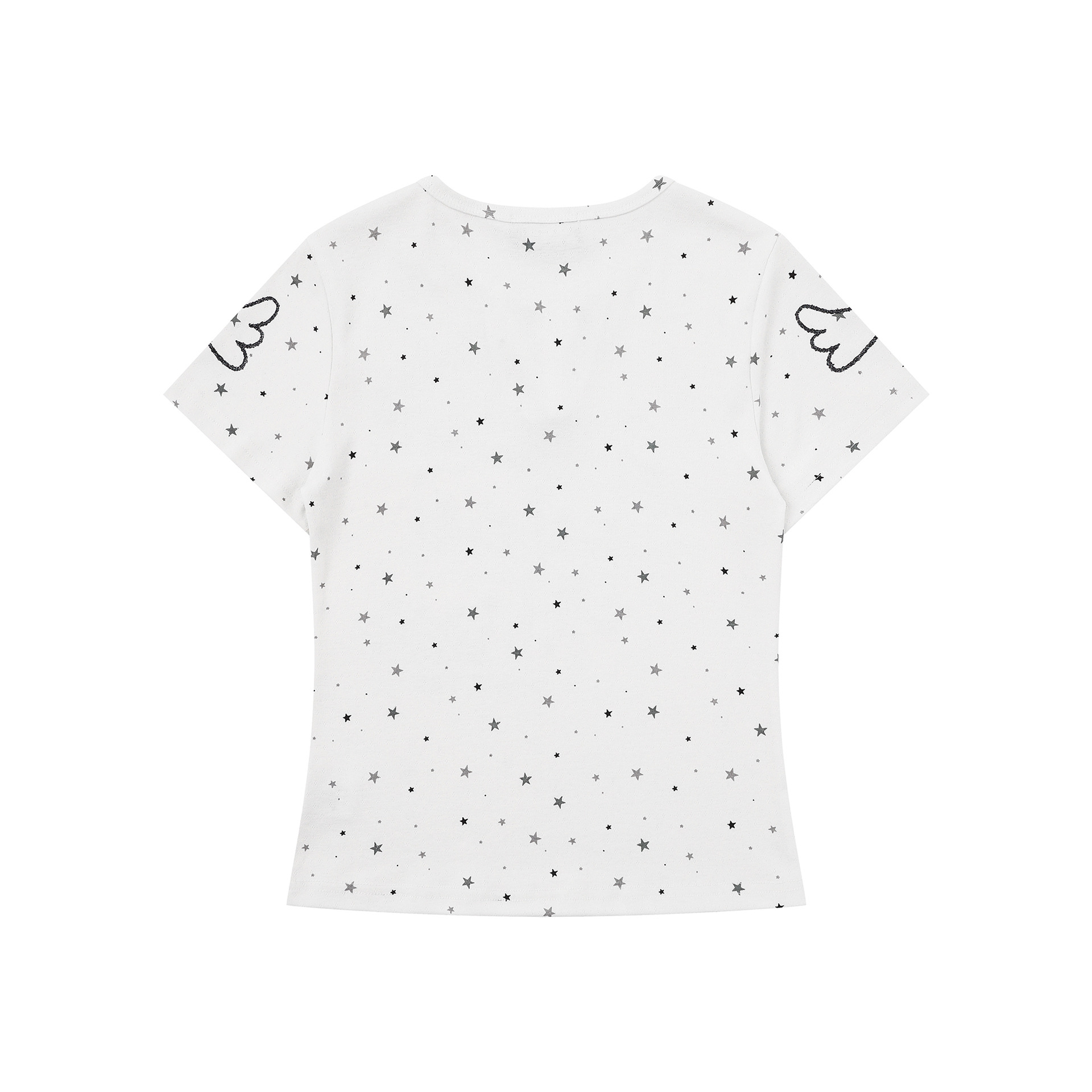Camiseta de manga corta con estampado musical de nota y estrellas en todo el cuerpo, top ajustado con V suave y cuello redondeado — imagen 2
