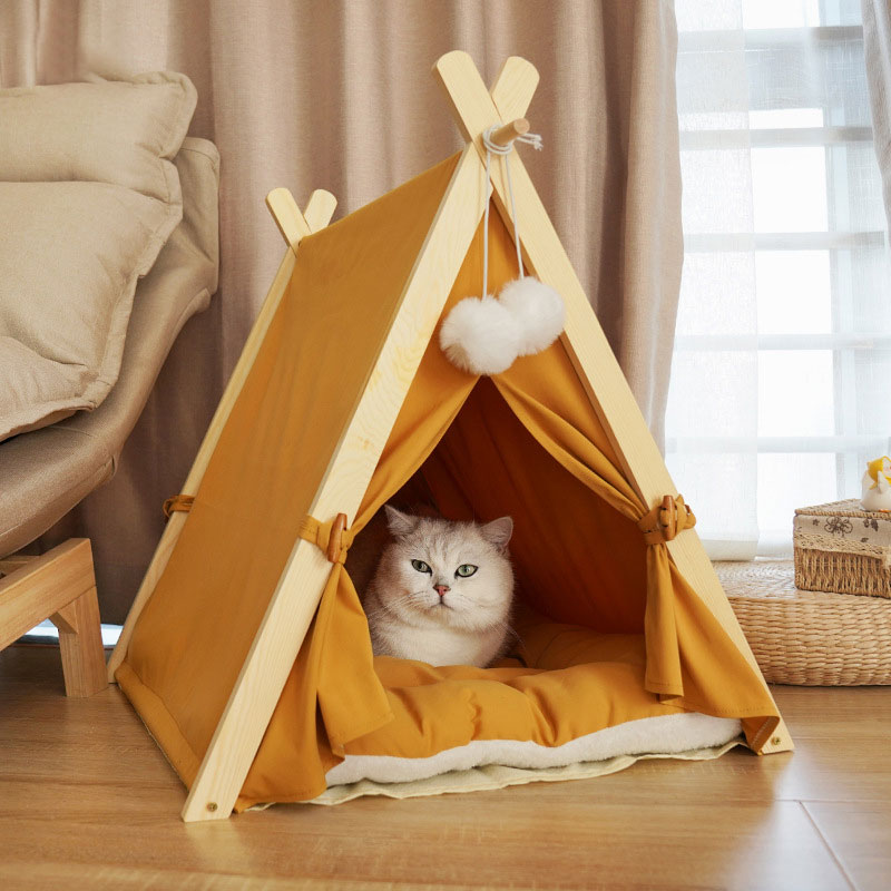 Four Seasons Pet Nest Removable and Washable Beige Stripe Canvas Solid Wood Tent Cat Nest Dog Bed — image 1