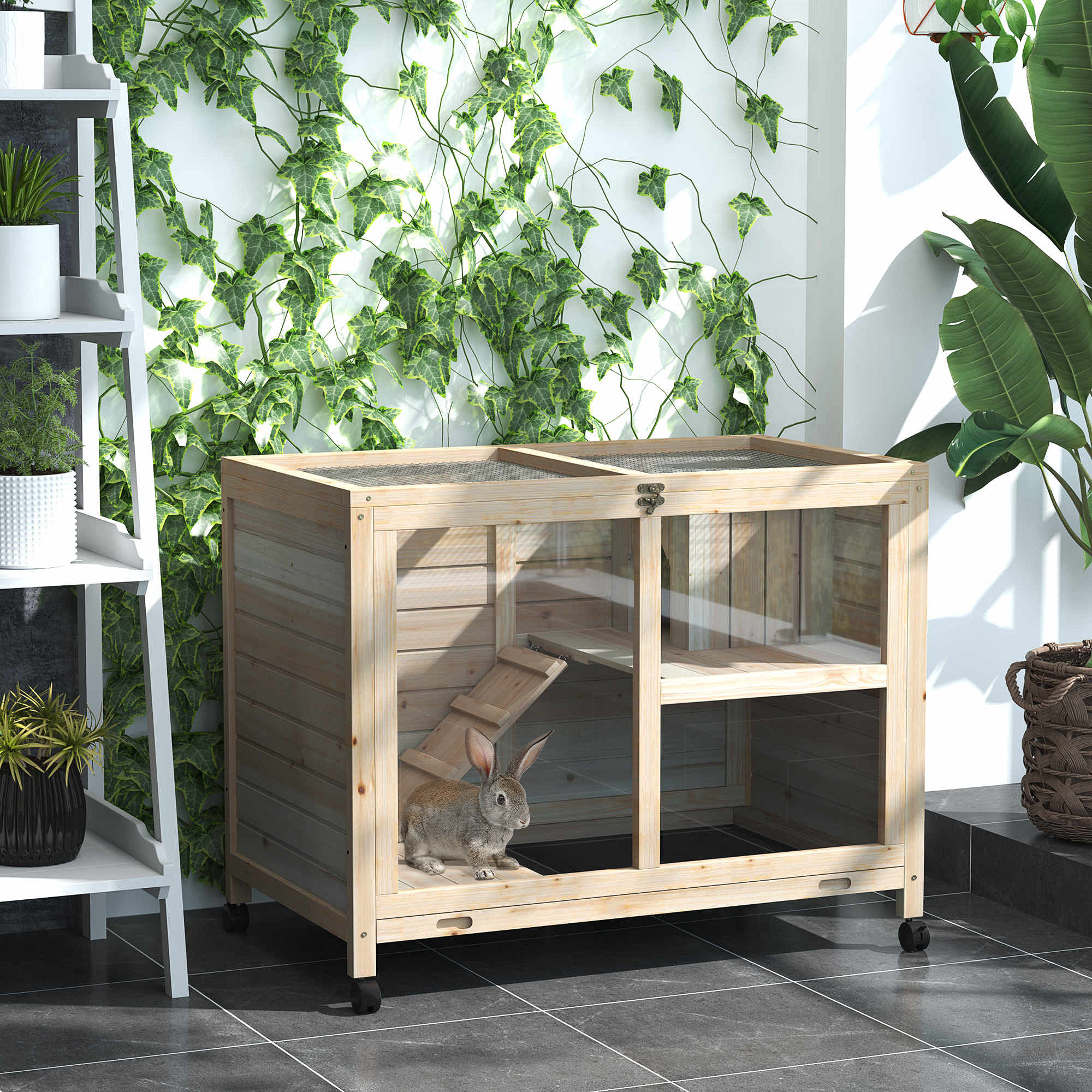 Caja para Conejos con Ruedas, Escritorio y Mesa Lateral, Cárcel de Madera para Conejos, Acabado Impermeable con Plato Removible, Techo Abordable, para Conejos, Pollos, Patos, Interior/Exterior, Natural — imagen 1