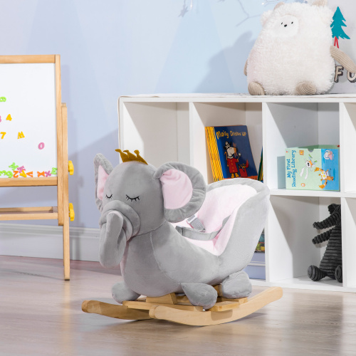 Qaba Baby Rocking Horse Elephant Rocking Chair Toddler Rocker Toy With Sound Wooden Base Seat Safety Belt For 1.5-3 Year Old, Gray — imagen 5