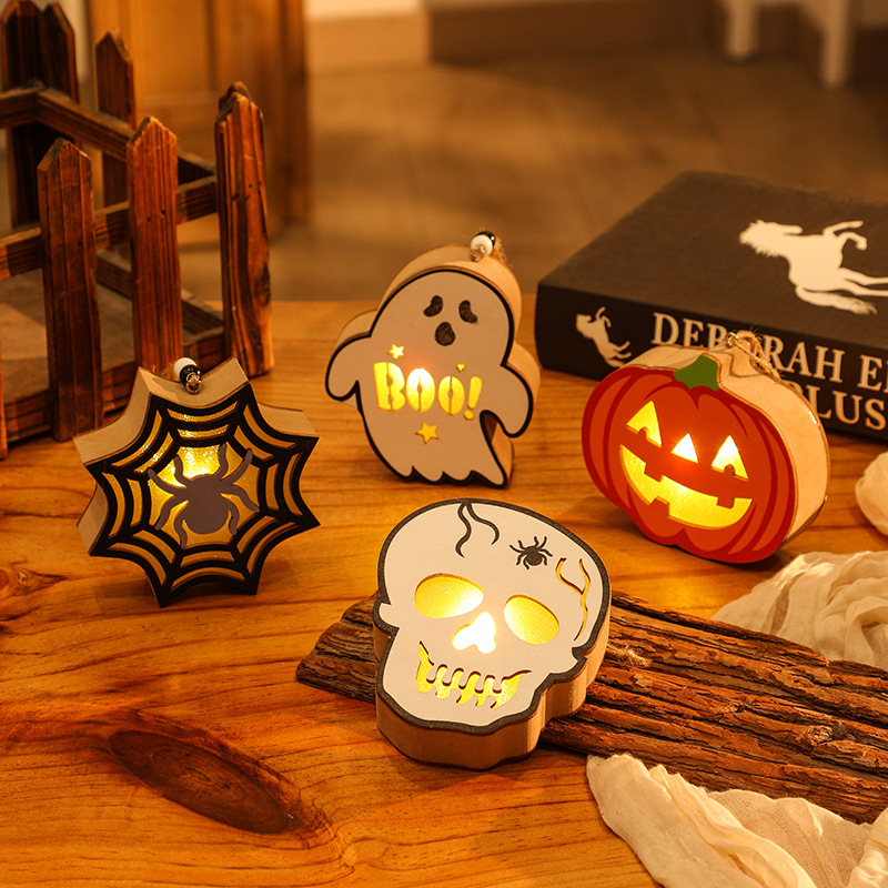 Halloween Decoration Pumpkin Lantern Wooden Skull Spider Halloween Scene Hanging Ornament Night Light — image 3
