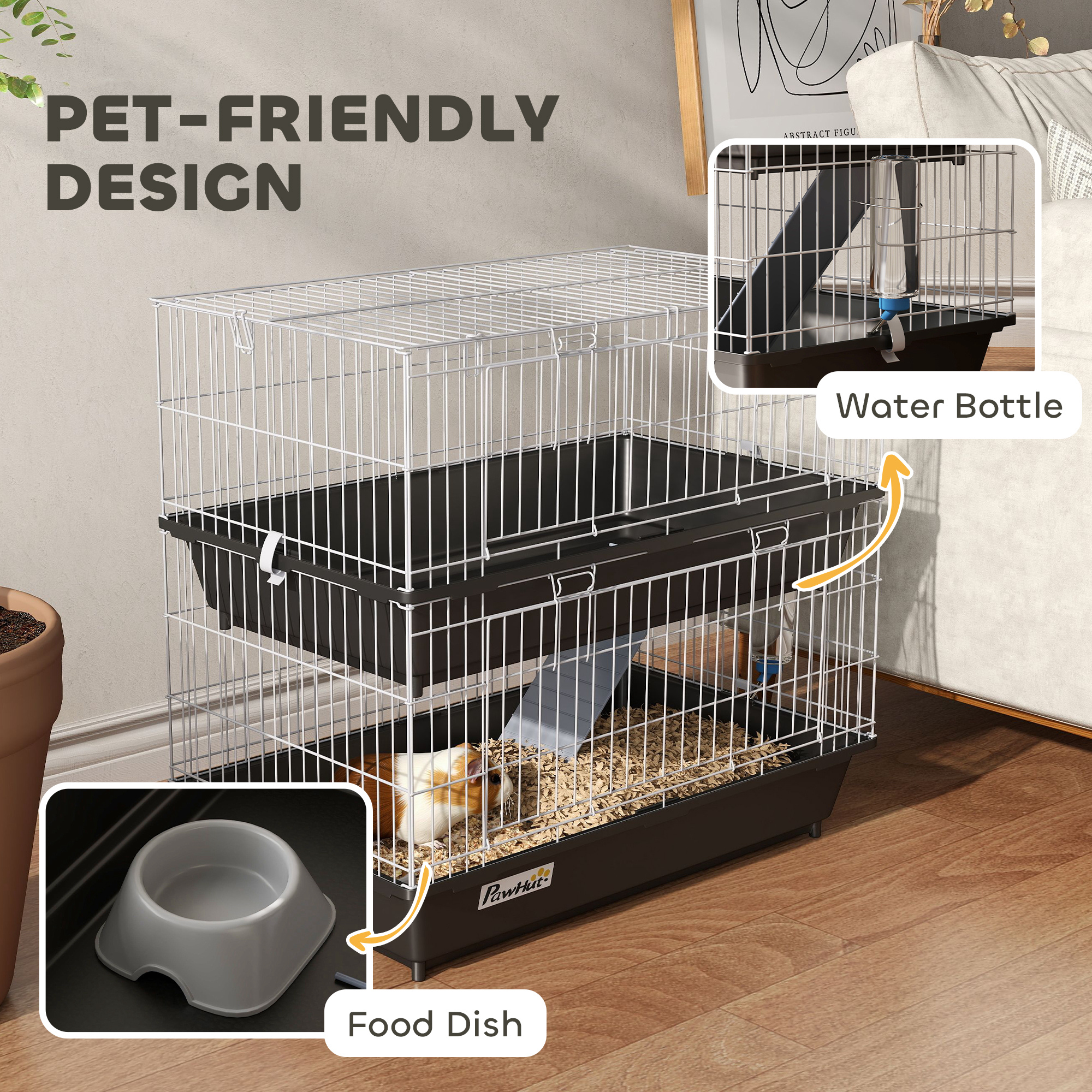 2-Tier Small Animal Cage with 2 Doors, Trays, Dish, Bottle, and Ramp for Bunny, Ferret, Chinchilla, Black — image 4