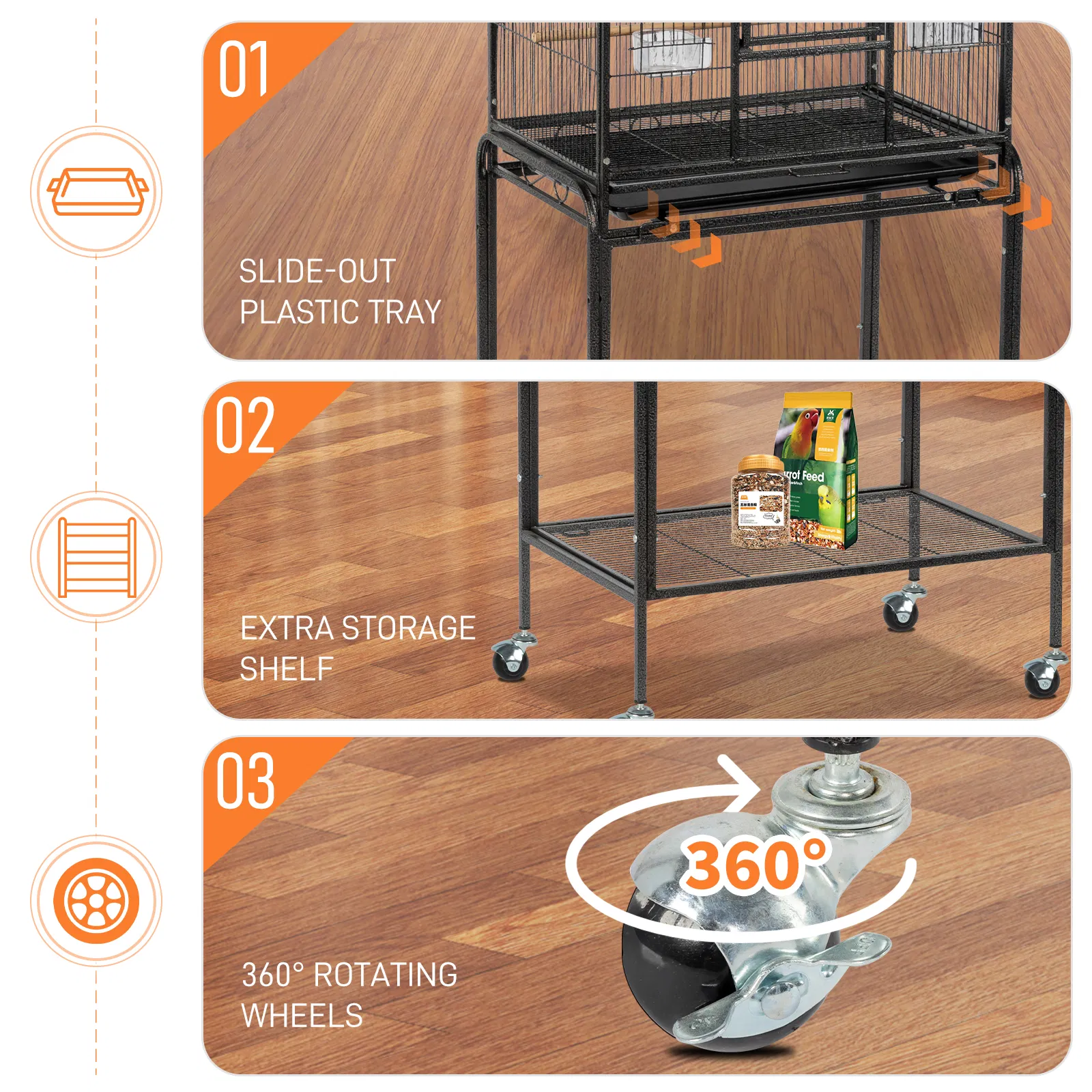 53" Large Flight Bird Cage with Rolling Stand & Storage Shelf for Parrots Lovebird Cockatiel Parakeets, Black — image 7