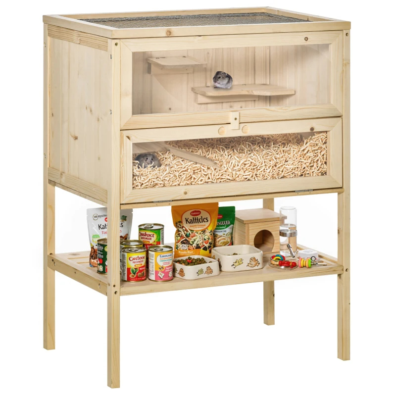3-Tier Wooden Hamster Cage Mice And Rat Cage Small Animals Hutch With Openable Top, Front Door, Shelf, Natural Wood — imagen 7