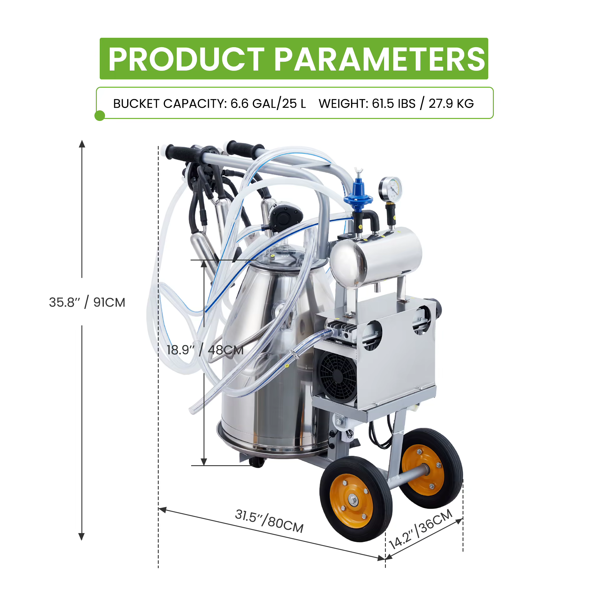 Máquina de Ordeño Eléctrica para Vacas y Cabras Portátil con Pulsación Automática y Tanque de 25L Acero Inoxidable — imagen 3