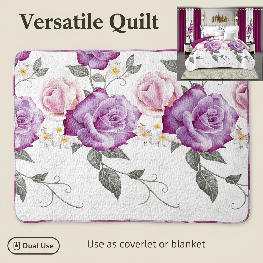 Set de Edredón y Cortinas de 9 Piezas 'Habitación en una Bolsa', Diseño Americano con Estampado Floral de Rosas Magenta y Morado Intenso, Colcha Gruesa con 6 Paneles de Cortina Personalizables, Apto para Mascotas de Alto Gramaje — imagen 5