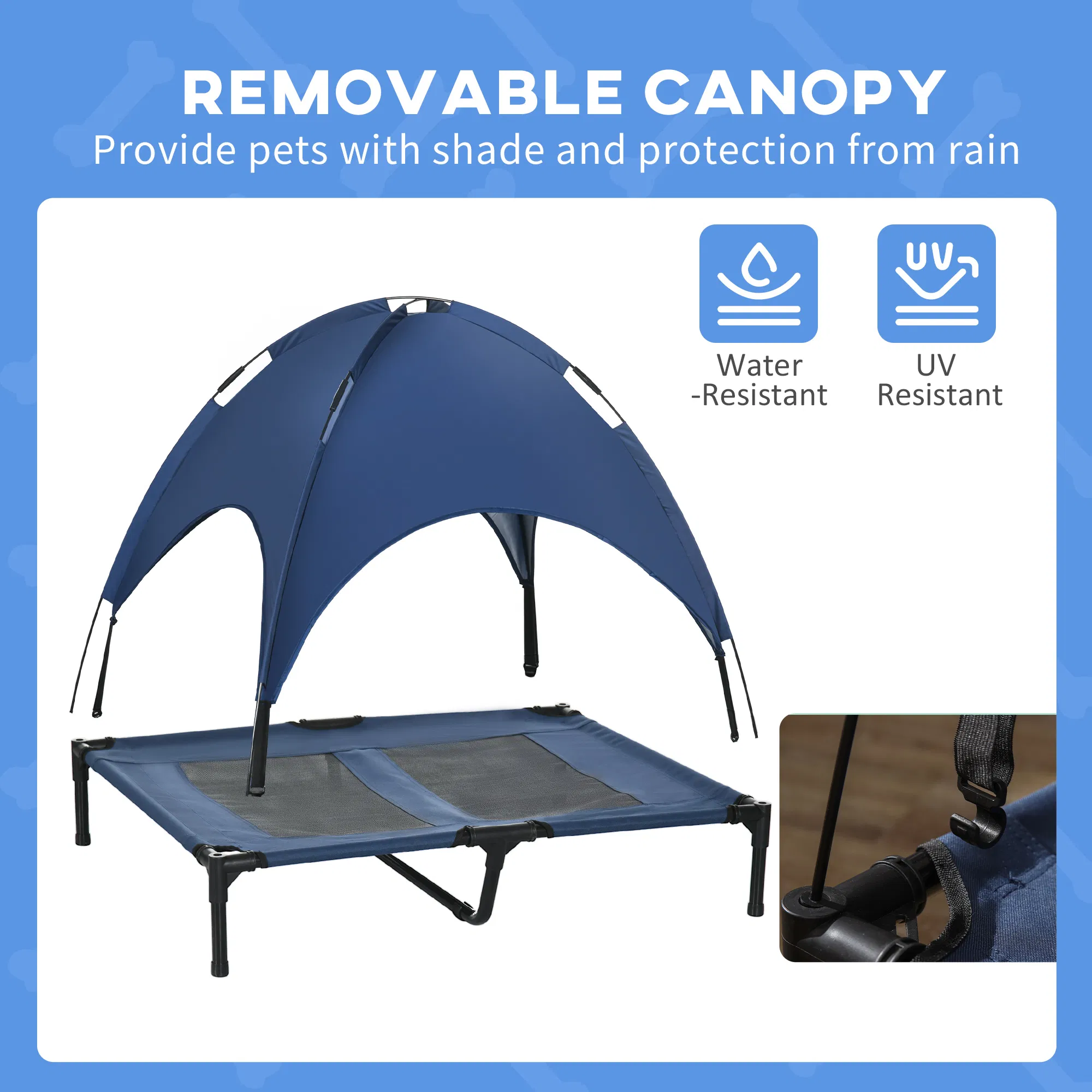 Elevated Dog Bed with Canopy, Portable Raised Dog Cot for L Sized Dogs, Indoor & Outdoor, 36" x 30" x 35", Dark Blue — image 6