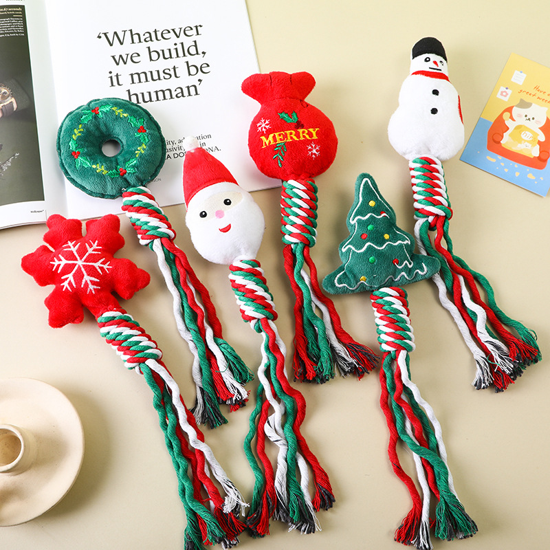 Christmas Cotton Rope Pet Plush Toy Teeth Grinding Durable Cartoon Self Hi Dog Toy Cat Supplies — image 1