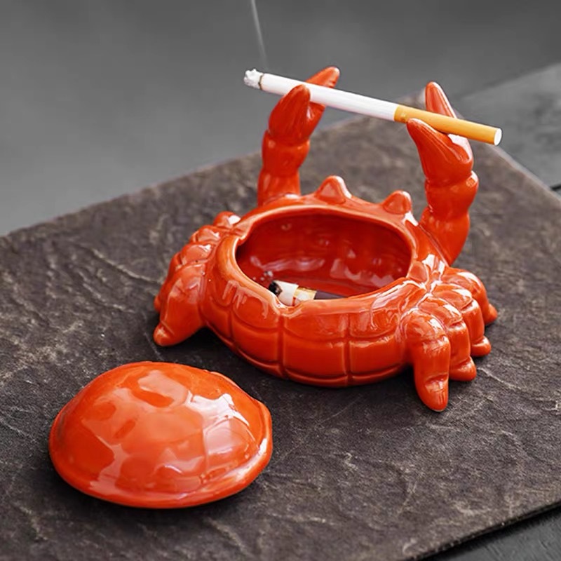 Crab Ceramic Ashtray Small Tea Pet for Office, Home, Living Room with Lid to Prevent Ash from Flying, Chinese Style Cute Decorative Ornament — image 4