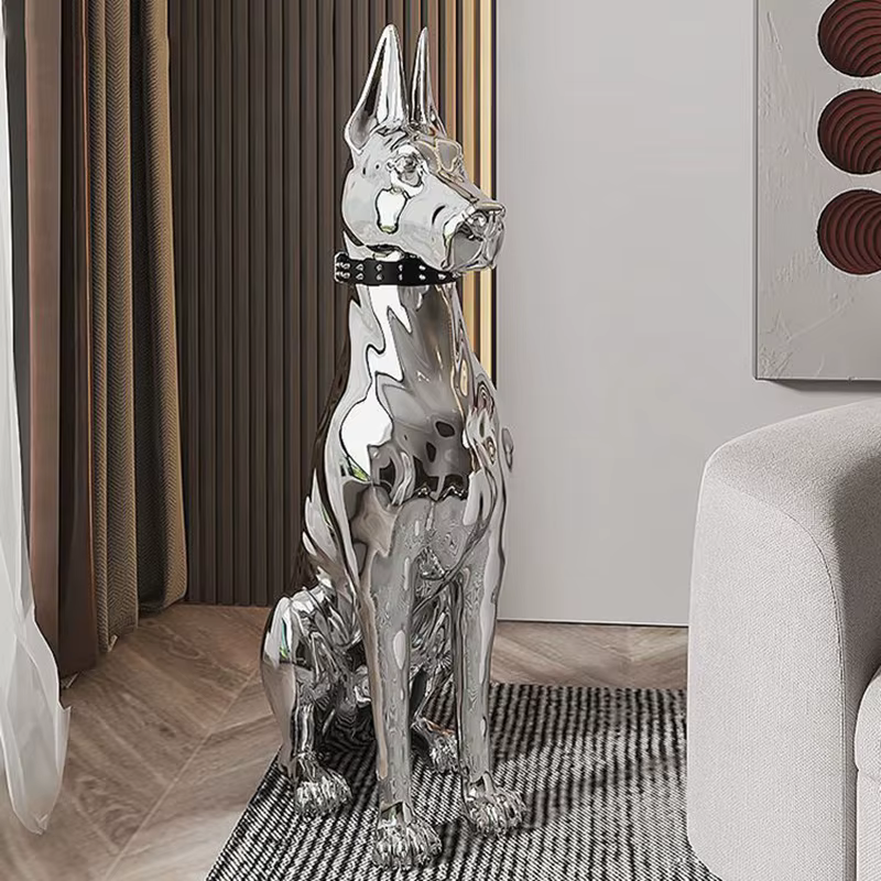 Modern Fashion Interior Resin Animal Sculpture Home Villa Corner Proch Electroplated Silver Doberman Dog Statue — image 1