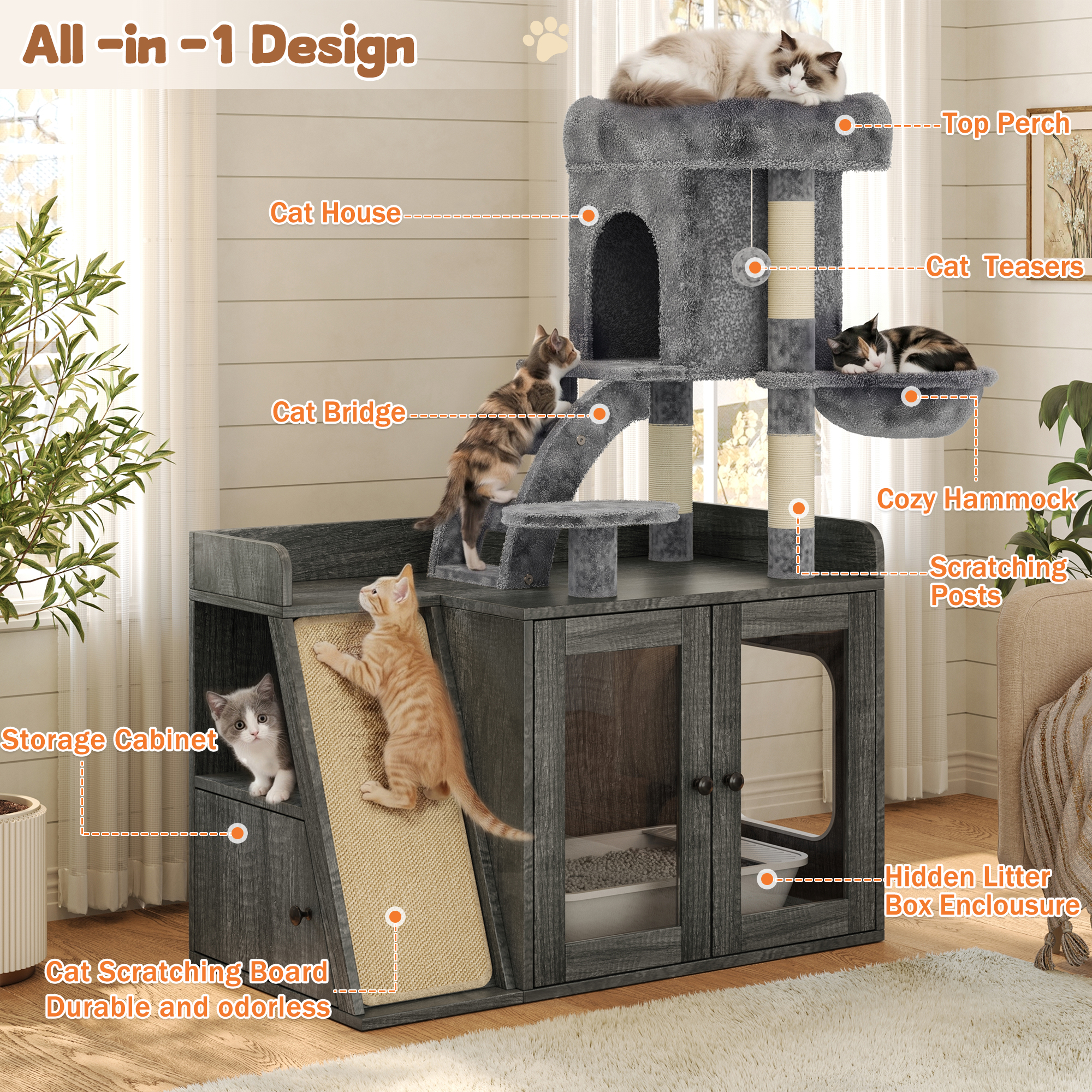 Caja de Arena Encerrada con Árbol para Gatos, Arena Oculta con LED, Tablero de Escarificado de Sisal y Espacio de Almacenamiento, Mueble Modular de Caja de Arena con Condominio y Plataforma, Torre Completa para Gatos, Gris — imagen 2