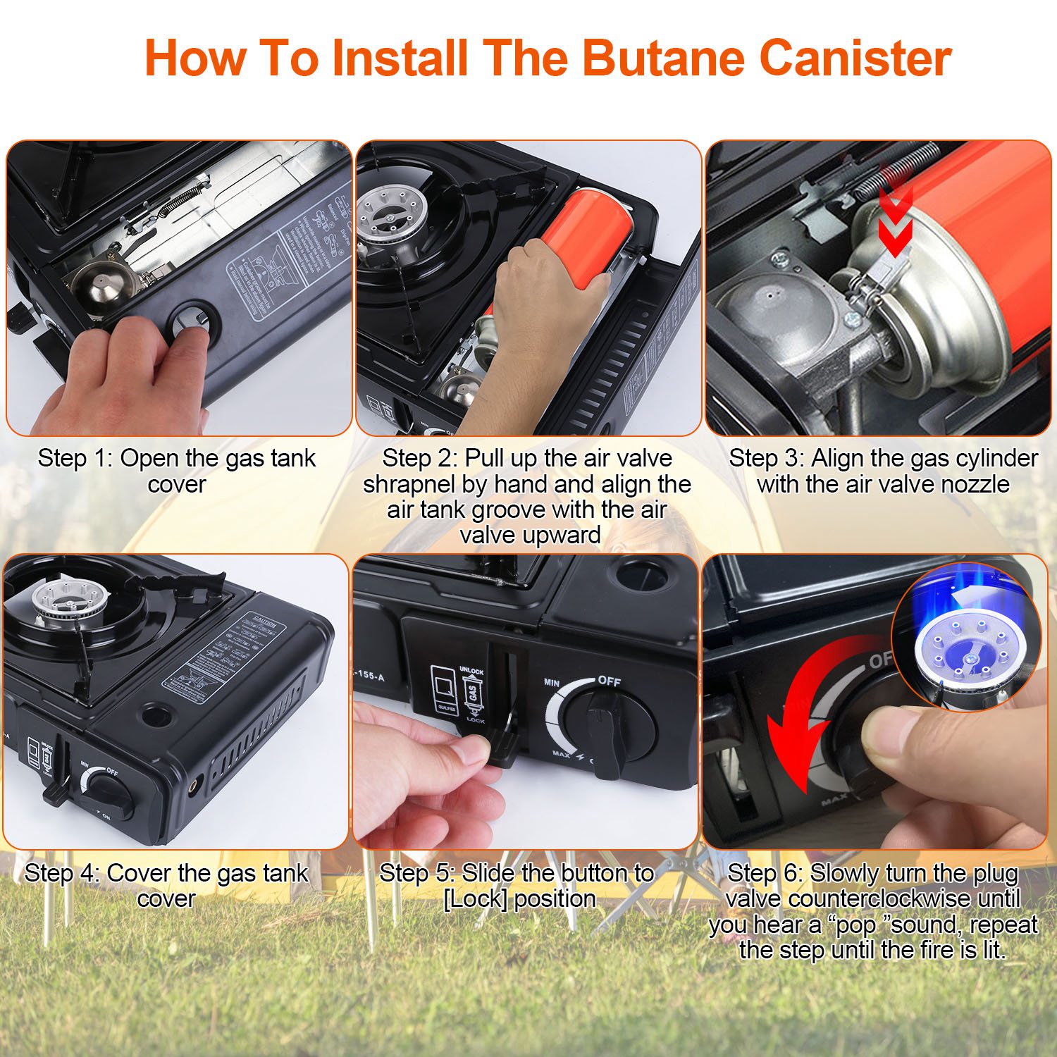 Estufa Portátil de Camping 3300W, Quemador Dual para Cartucho de Butano, Encendido Piezoeléctrico, Un Quemador con Expulsión Automática del Tanque y Corte por Sobrepresión, Estuche de Transporte para Camping, Senderismo, Picnic y Pesca — imagen 3