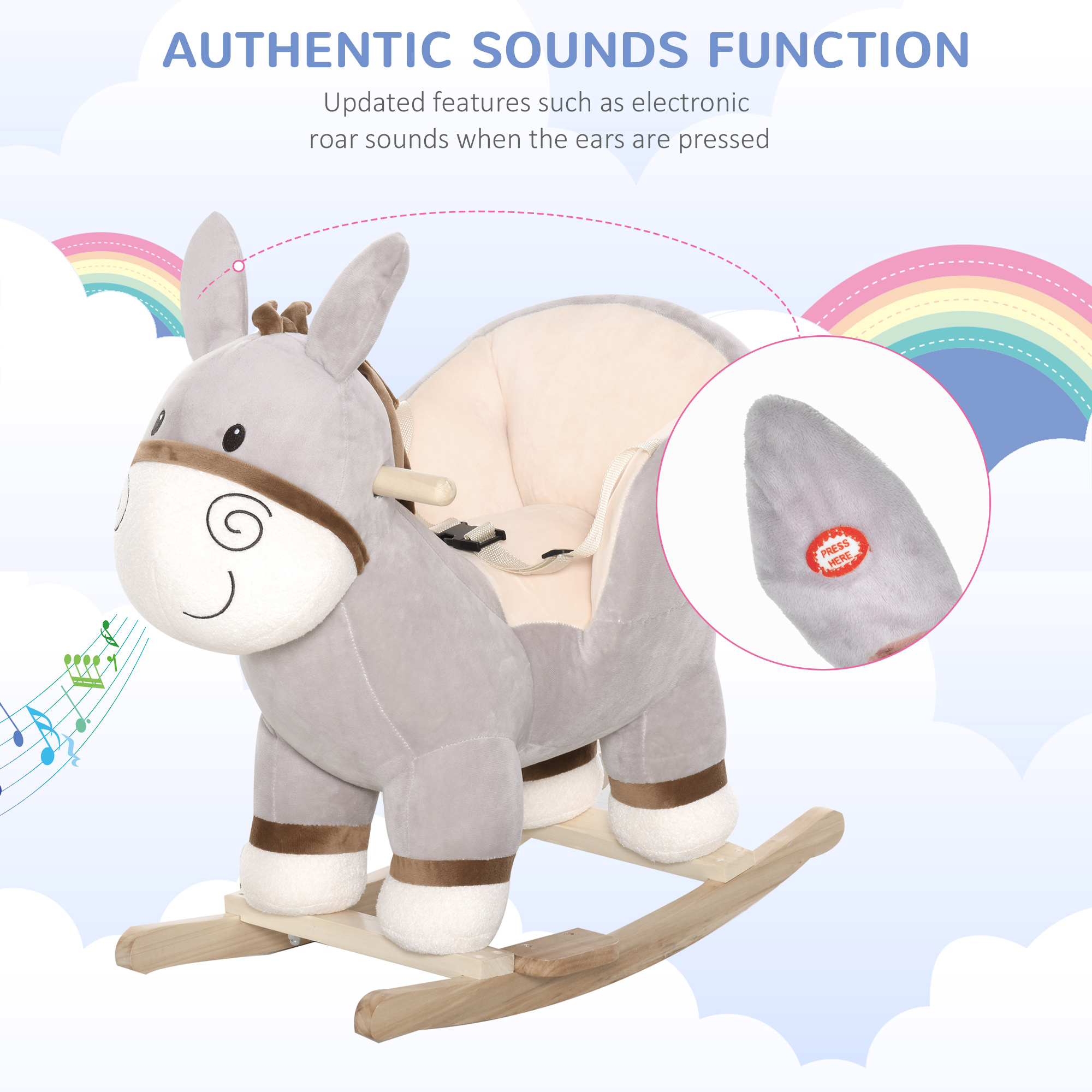 Kids Rocking Chair, Plush Ride On Rocking Horse Donkey with Sound, Wood Base Seat, Safety Belt, Baby Toddler Rocker Toy for 18 - 36 Months, Gray — image 2