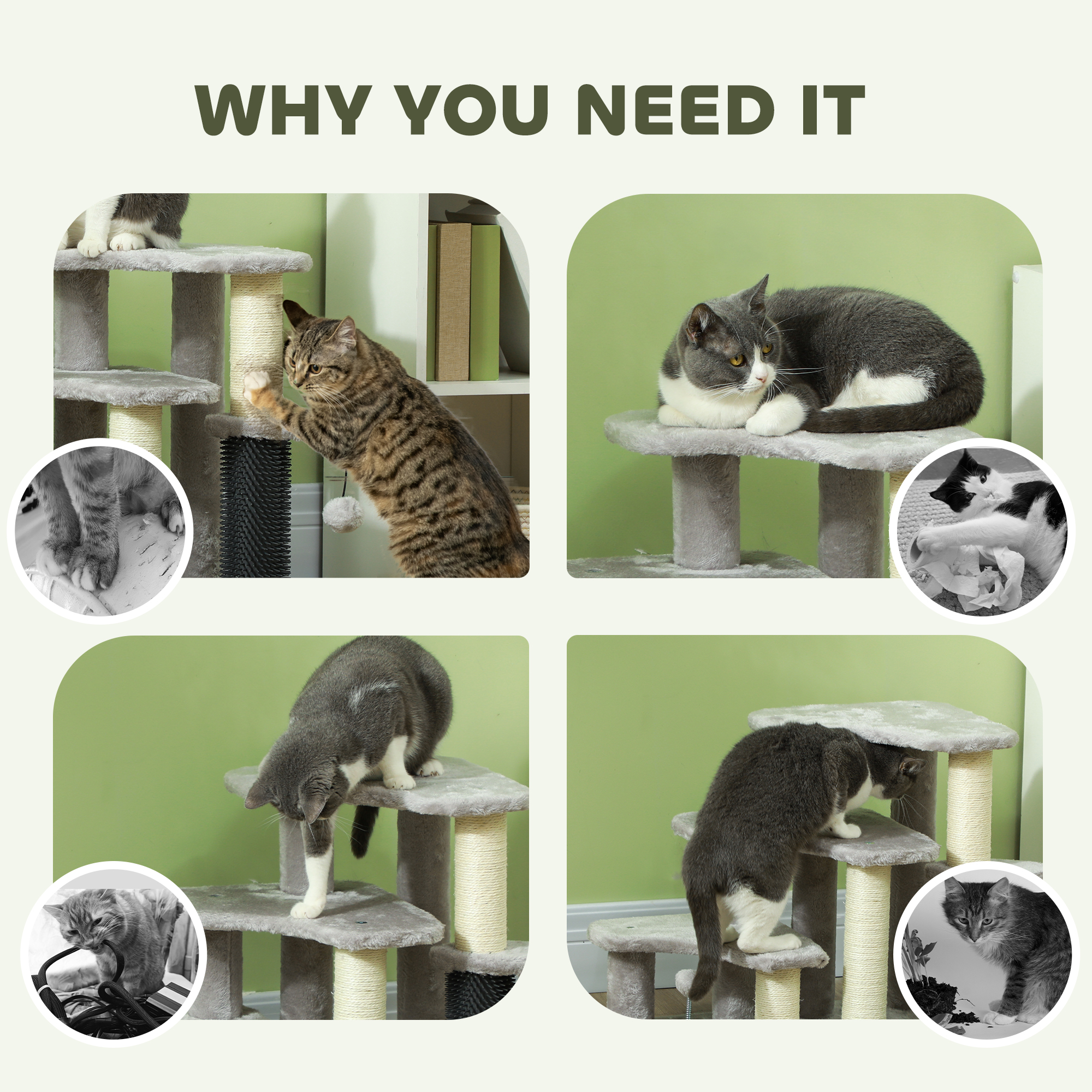 Torre Rascador para Gatos 2 en 1 Escaleras de 3 Escalones con Postes Rascadores, Poste de Cosquillas y Bolas de Juguete, para Camas Altas y Sofás — imagen 5