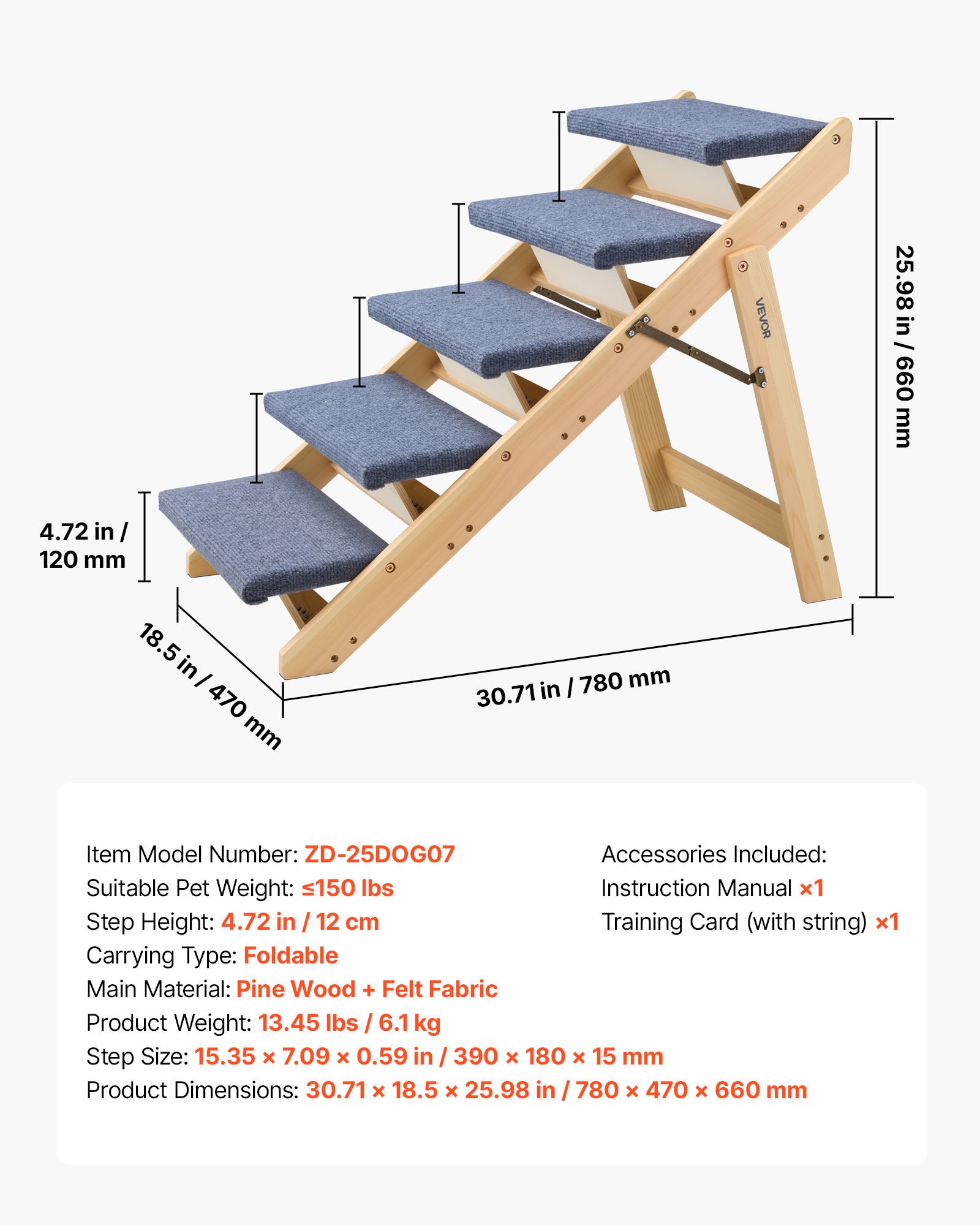 Escaleras de Madera para Mascotas, 5 Peldaños para Canes y Gatos en Camas, Sofás & Coches, Capacidad 150lbs, Diseño Plio Plegable, Estable y Rígido Para Pequeños Grandes Ancianos Perros y Gatos — imagen 1