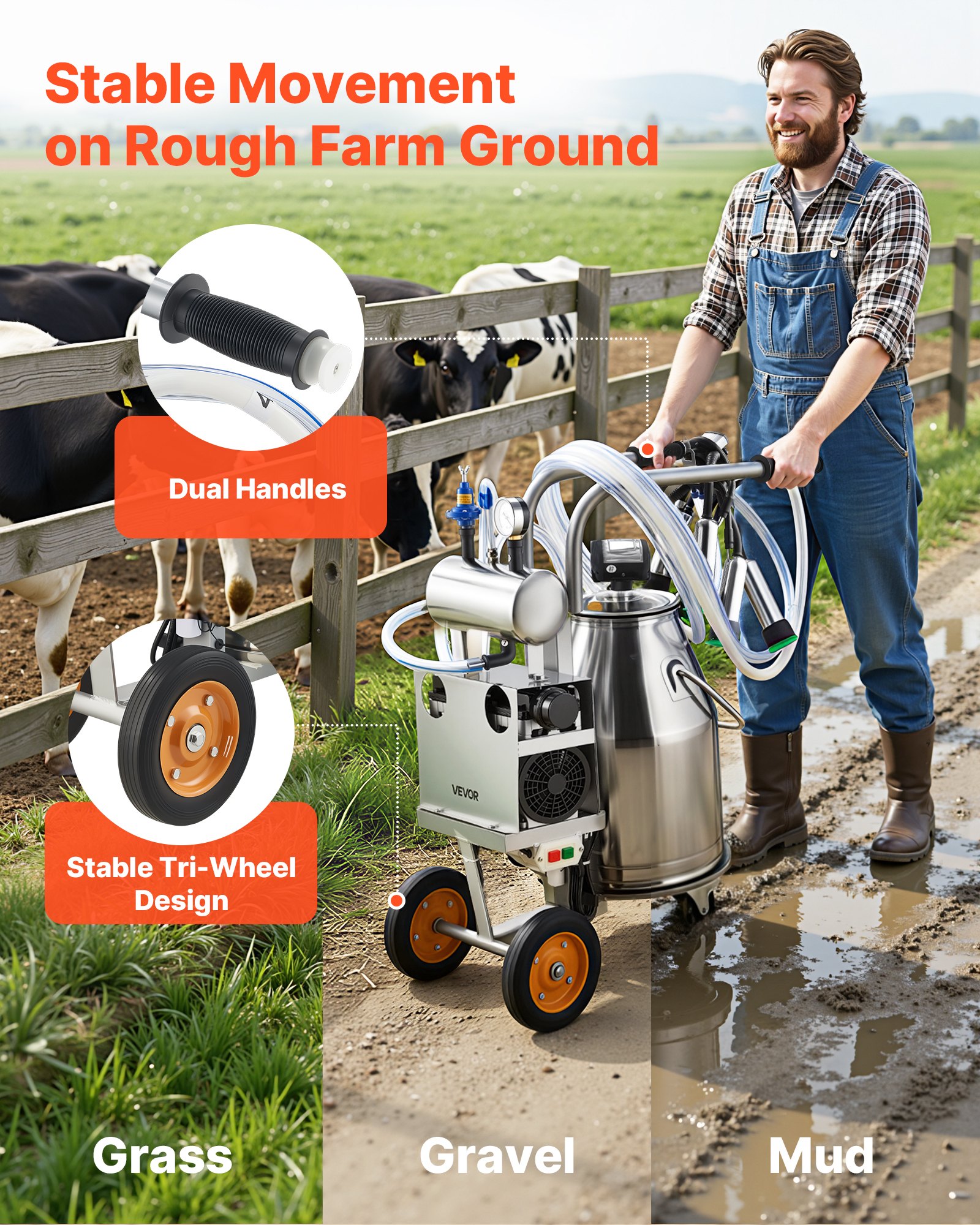 Electric Cow Milking Machine, 6.6 Gal / 25 L 304 Stainless Steel Bucket, Food-Grade Teat Cups And Silicone Hose, Strong Suction, Vacuum Pulsation, Electric Milker Machine With Wheels For Cow — image 3