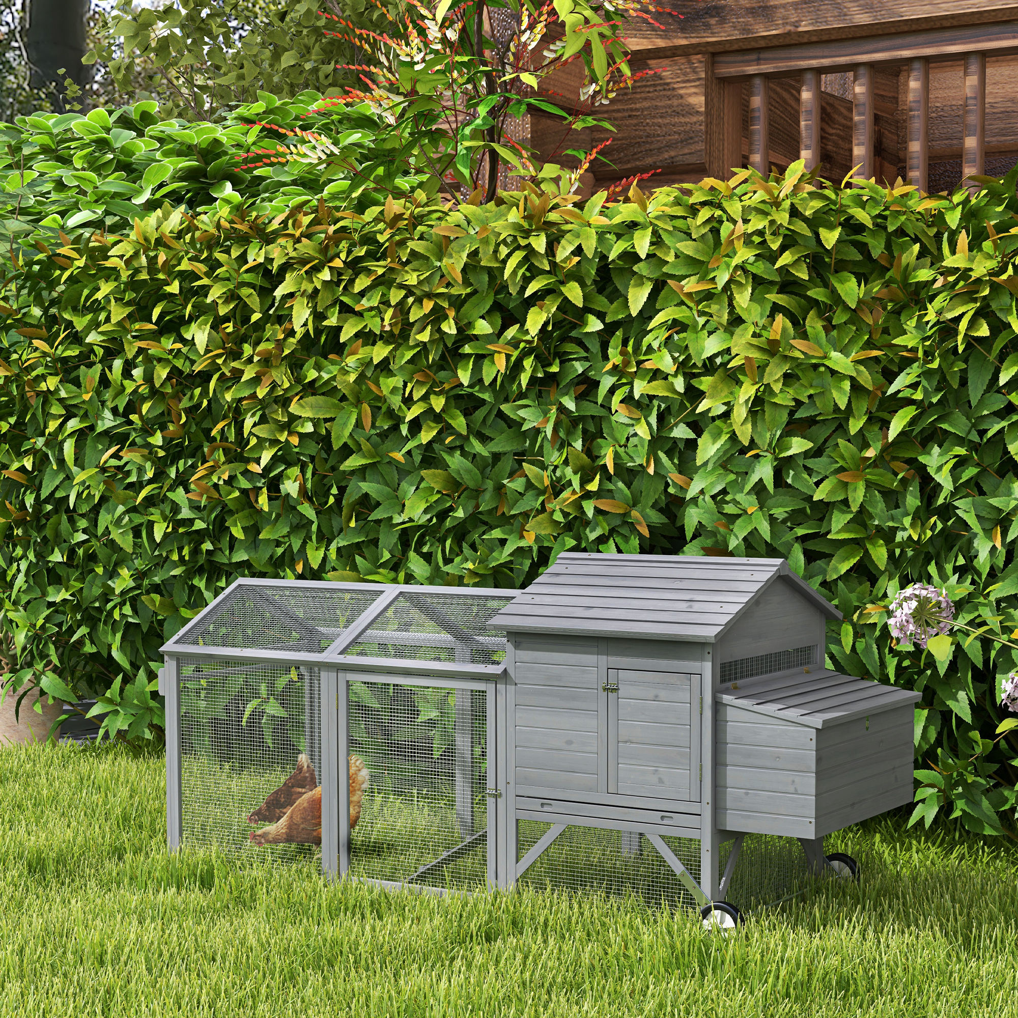 Gallinero de Madera de 96.5", Jaula Portátil para Aves con Ruedas y Nido, Corral para Gallinas para Patio Exterior, Gris