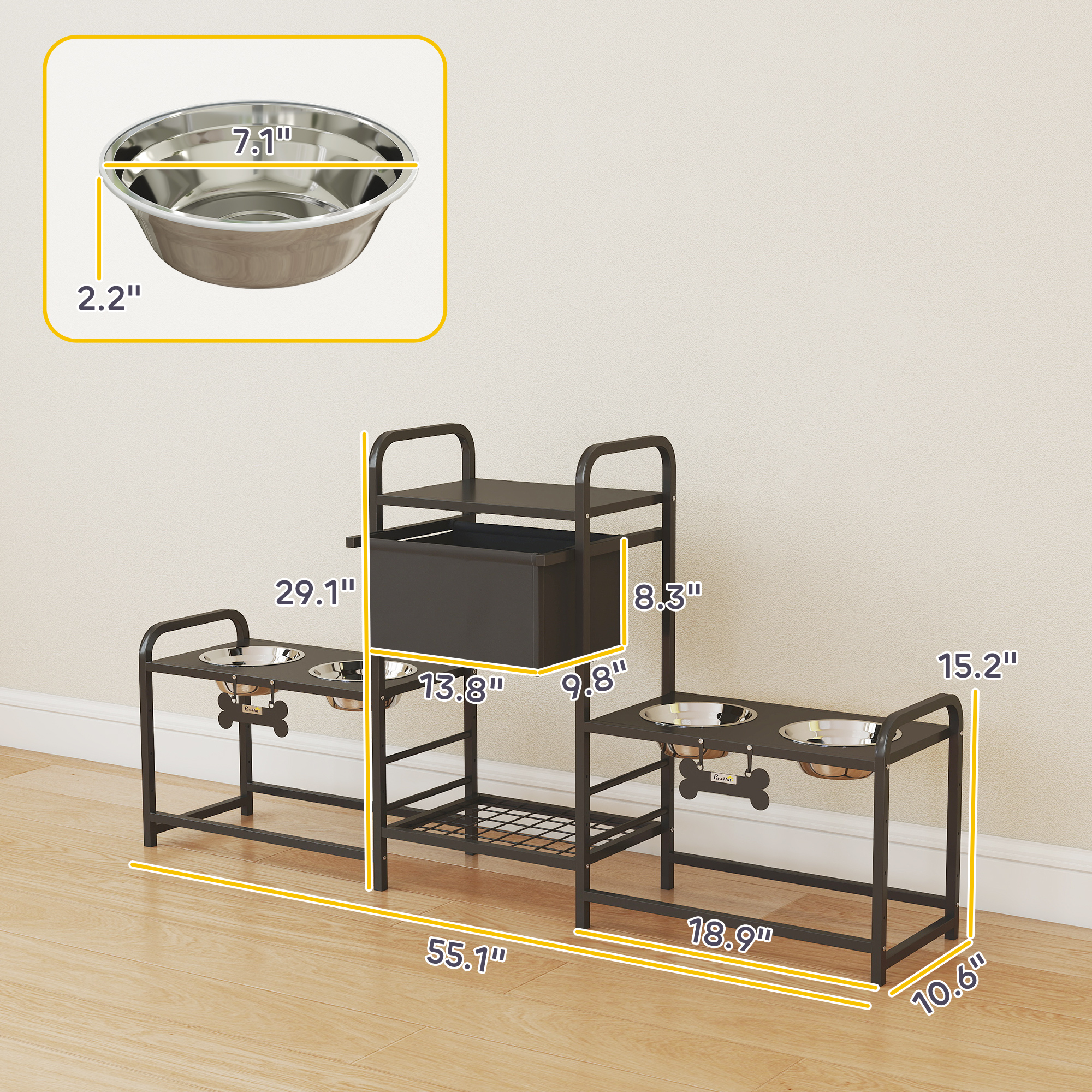 Soporte para Comederos de Perro con 3 Alturas Ajustables, 2 Estaciones de Alimentación, Cesta para Juguetes, Negro — imagen 2