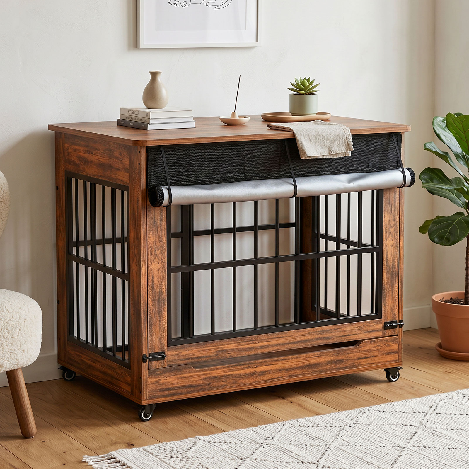 Large Dog Crate Furniture, Double Door Wooden Indoor Dog Kennel Furniture, Decorative Pet Cage End Table With Wheels For Extra Large Breed Dogs, Size 2XL, Greige — image 25