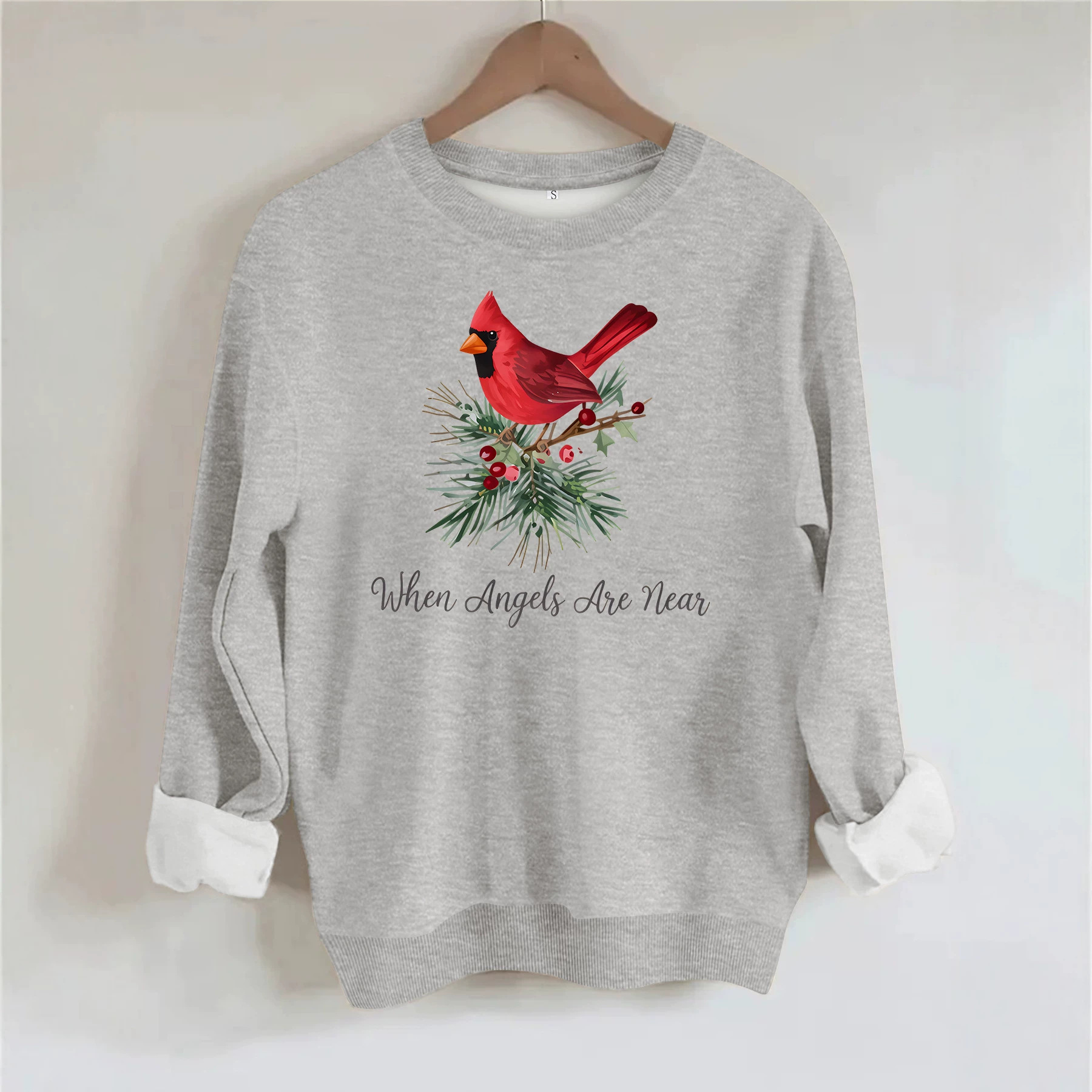 Red bird print round neck fleece hoodie — image 6