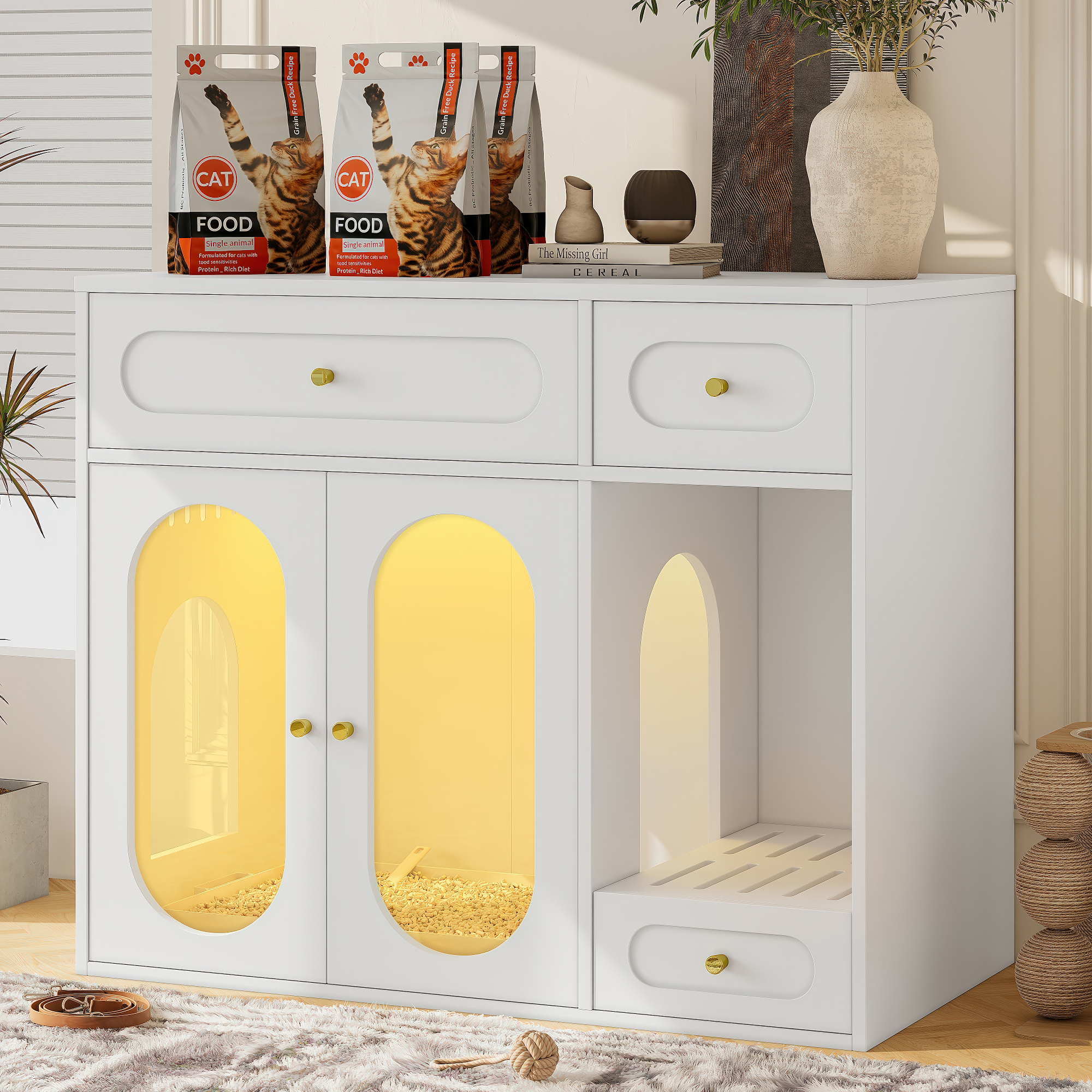 Caja de Limpieza para Gatos con Luz LED, Estante Oculto con Cajas de Almacenamiento, Adecuado para la Mayoría de las Cajas de Arena, Casa de Mascota Interior con Puertas Acrílicas, Mesa de Viva para Salón, Blanco — imagen 2