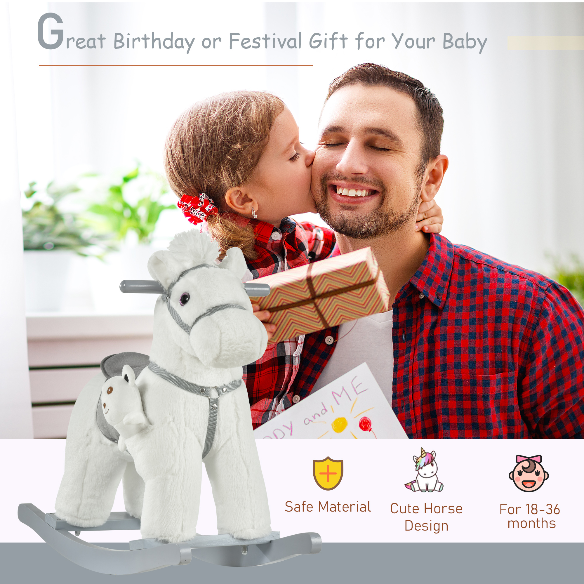 Kids Rocking Horse with Bear Toy, Plush Animal Rocker with Fun Realistic Sounds for Toddler 18-36 Months, White — image 3