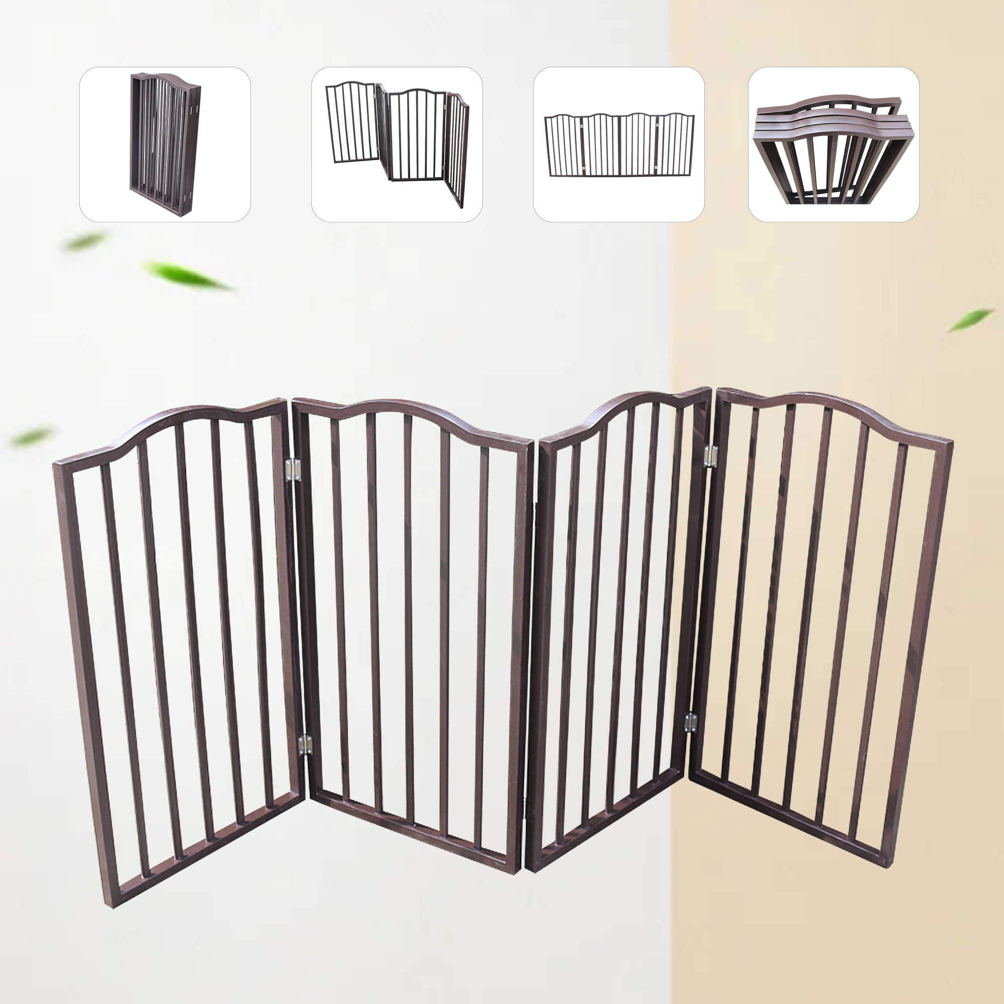 Pet Gate - Dog Gate For Doorways, Stairs Or House - Freestanding, Folding, Brown, Arc Wooden — imagen 3