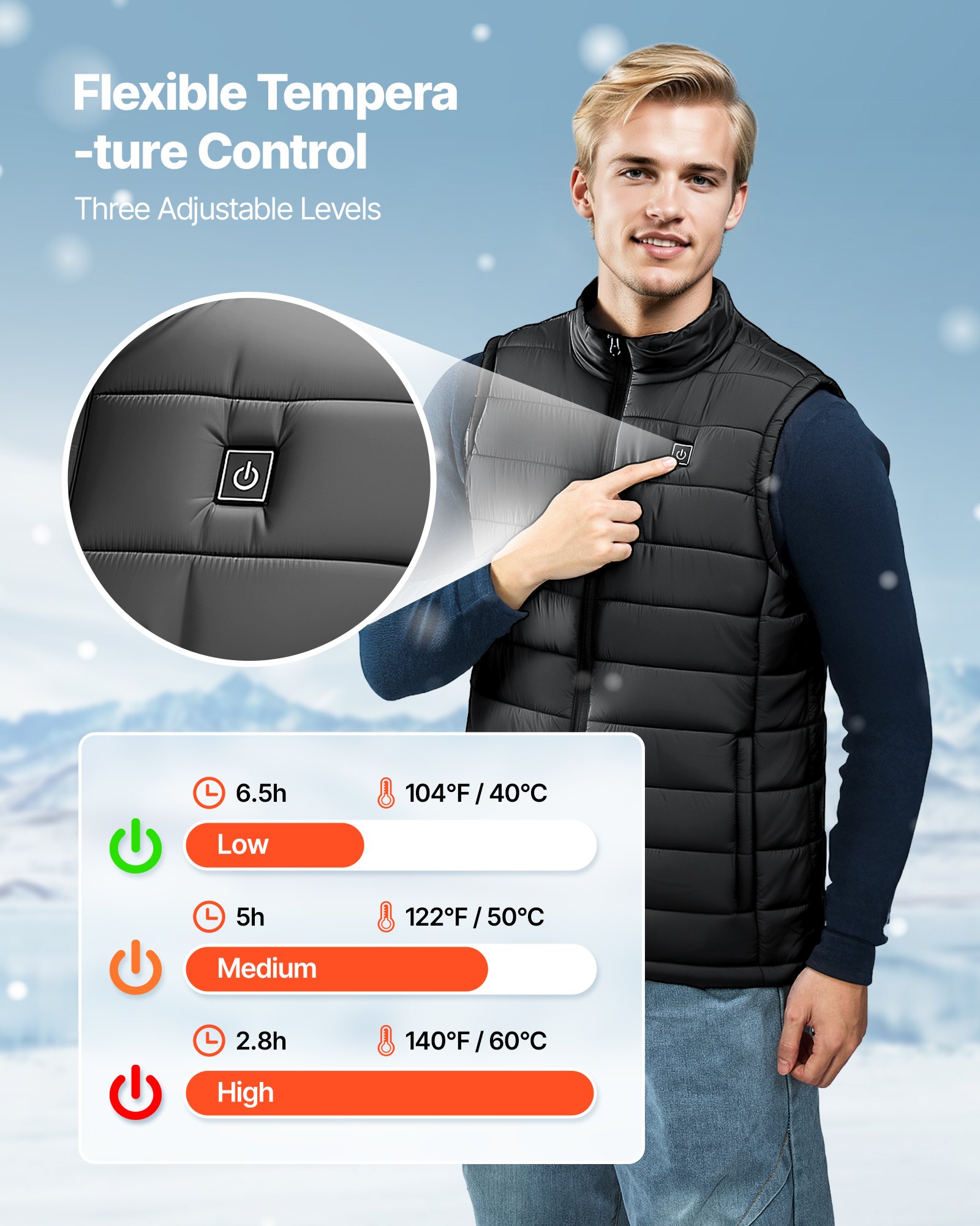 Heated Vest, Men Electric Heating Vest With 16000 MAh Battery Pack, 8 Heating Zones Lightweight Rechargeable Winter-Vest With 3 Levels, For Outdoor Hiking Camping Fishing Skiing, Size L — imagen 3
