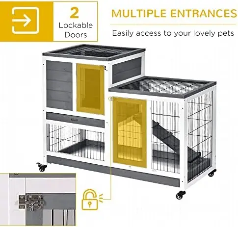 Wooden Rabbit Hutch Elevated Bunny Cage Indoor Small Animal Habitat with Enclosed Run with Wheels, Ramp, Removable Tray — image 4