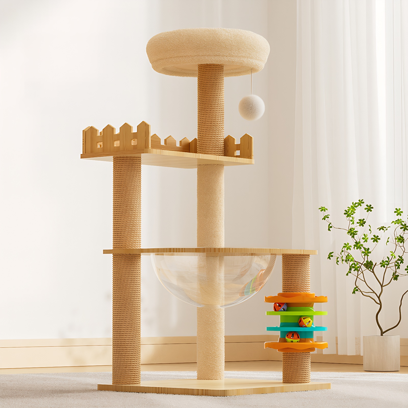 Torre para Gatos Moderna de 39.3", Rascador de Madera para Gatos de Interior, con Postes Rascadores Forrados de Sisal, Percha Superior, Condominio con Hamaca de Acrílico y Juguetes para Gatos Pequeños y Grandes — imagen 4