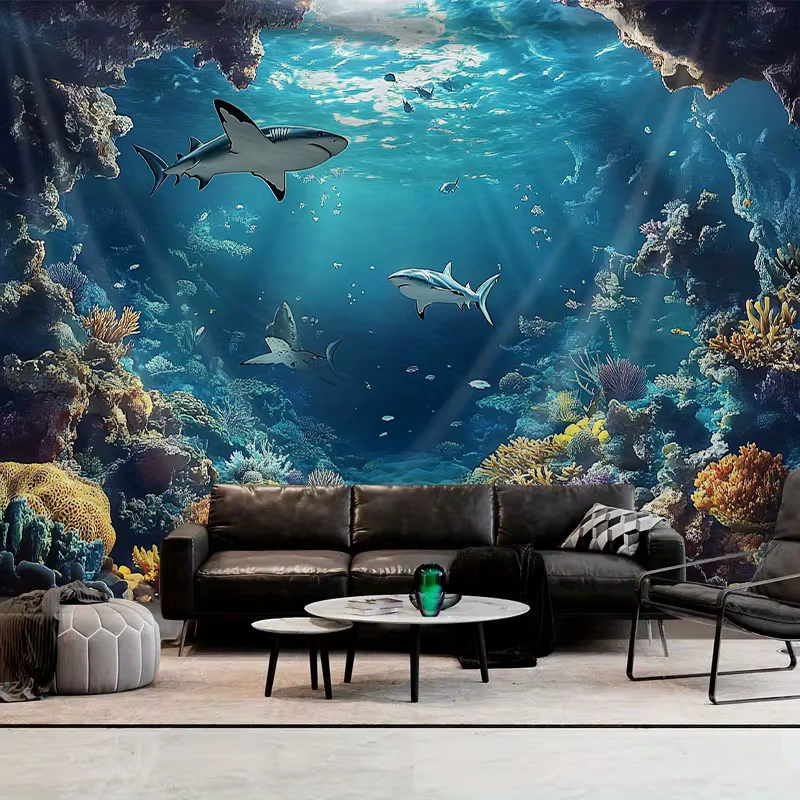 Underwater Ocean Wall Tapestry Shark Coral Reef Art Print Nature Decor For Bedroom Living Room Marine Theme Home Interior — image 2