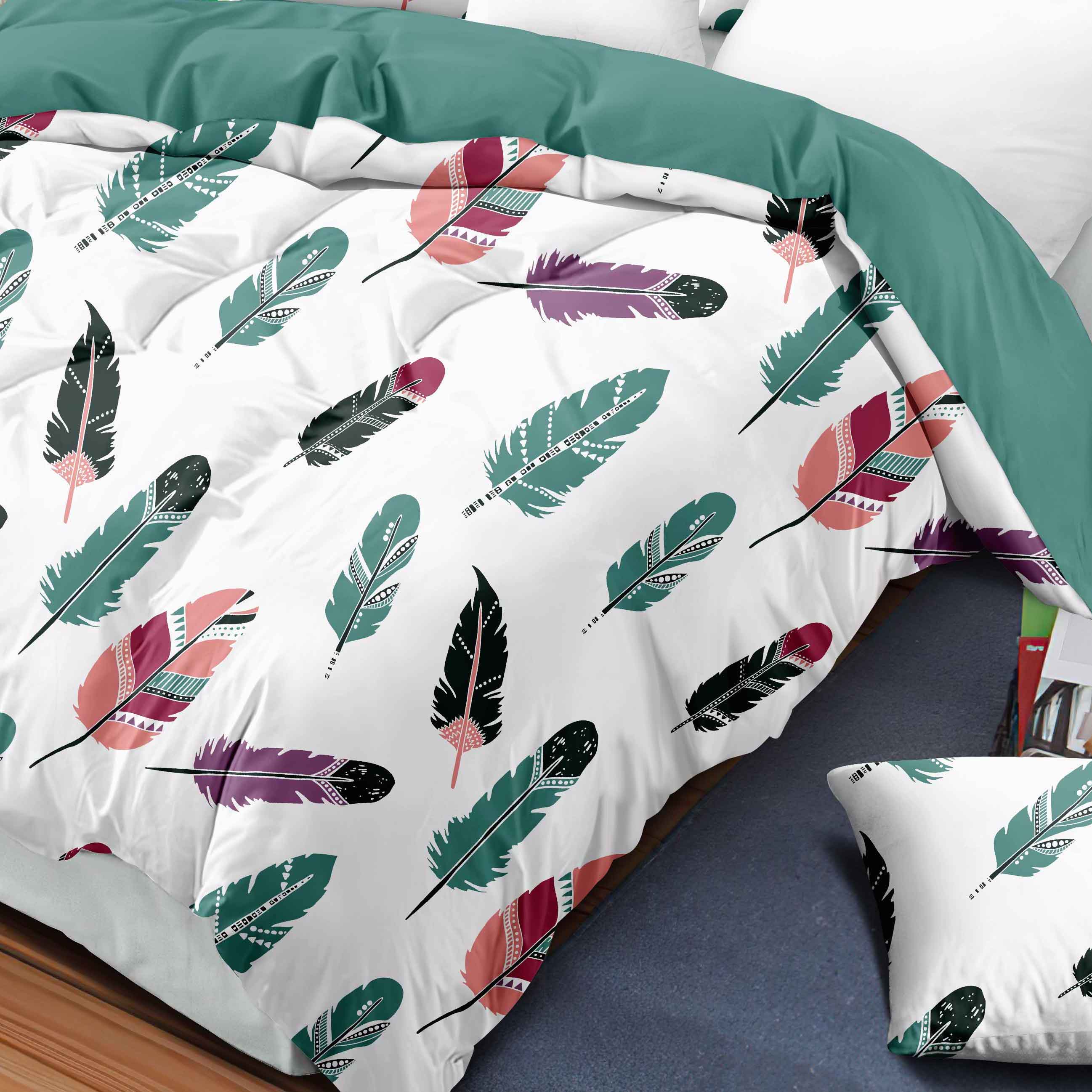 9 Piece Room In A Bag Quilt And Curtain Set, US Designer Boho Feather Print Heavyweight Bedspread With 6 Customizable Window Panels, Pet-Friendly High GSM Coverlet Teal, White — image 4