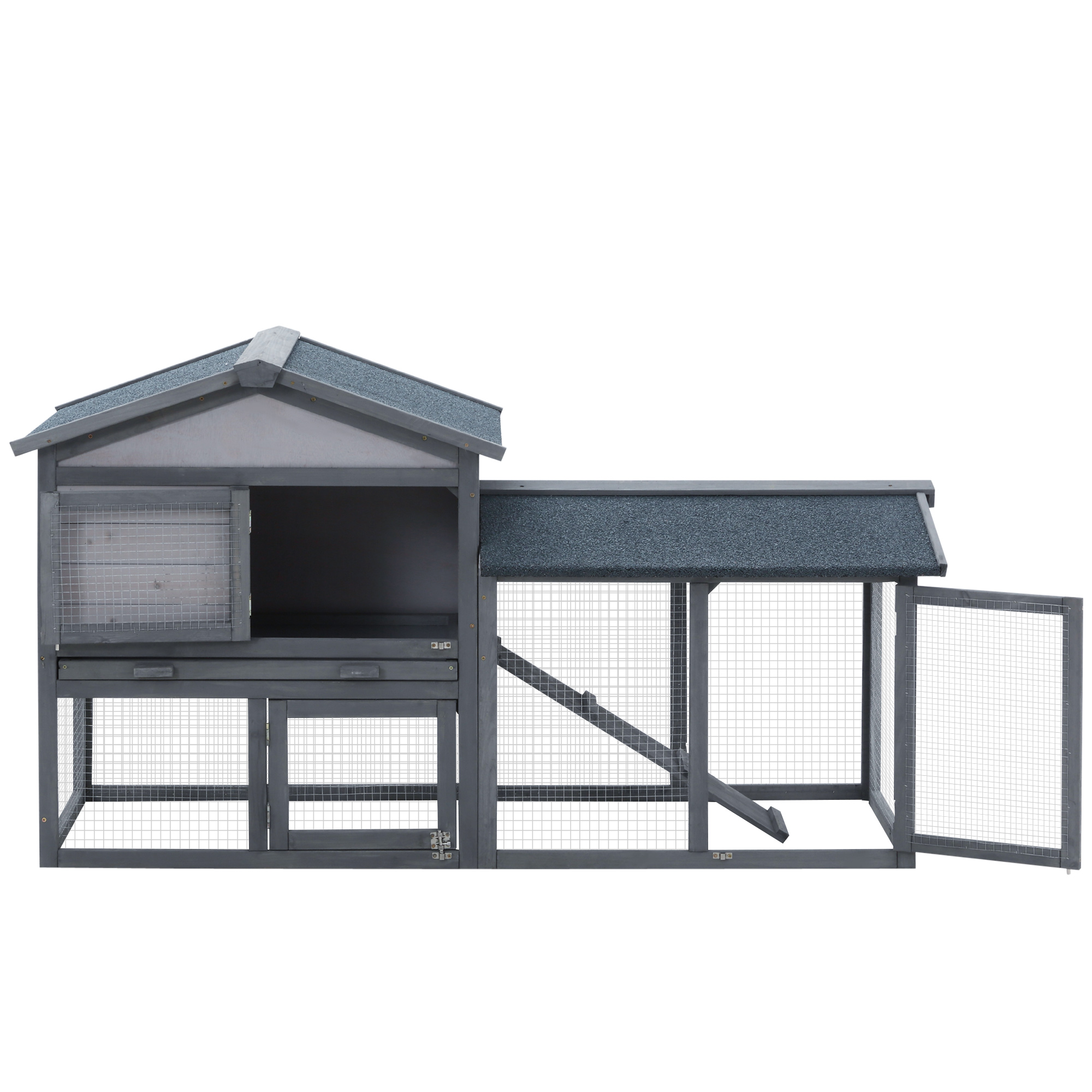 Conejera Grande de 58" para Interior/Exterior, Conejera de Madera, Jaula para Cuyos con Corral, Bandeja Removible, Techo de Asfalto, Puertas con Cerradura y Rampa, para 1-2 Conejos Pequeños, Gallinas, Patos, Gris Oscuro — imagen 7